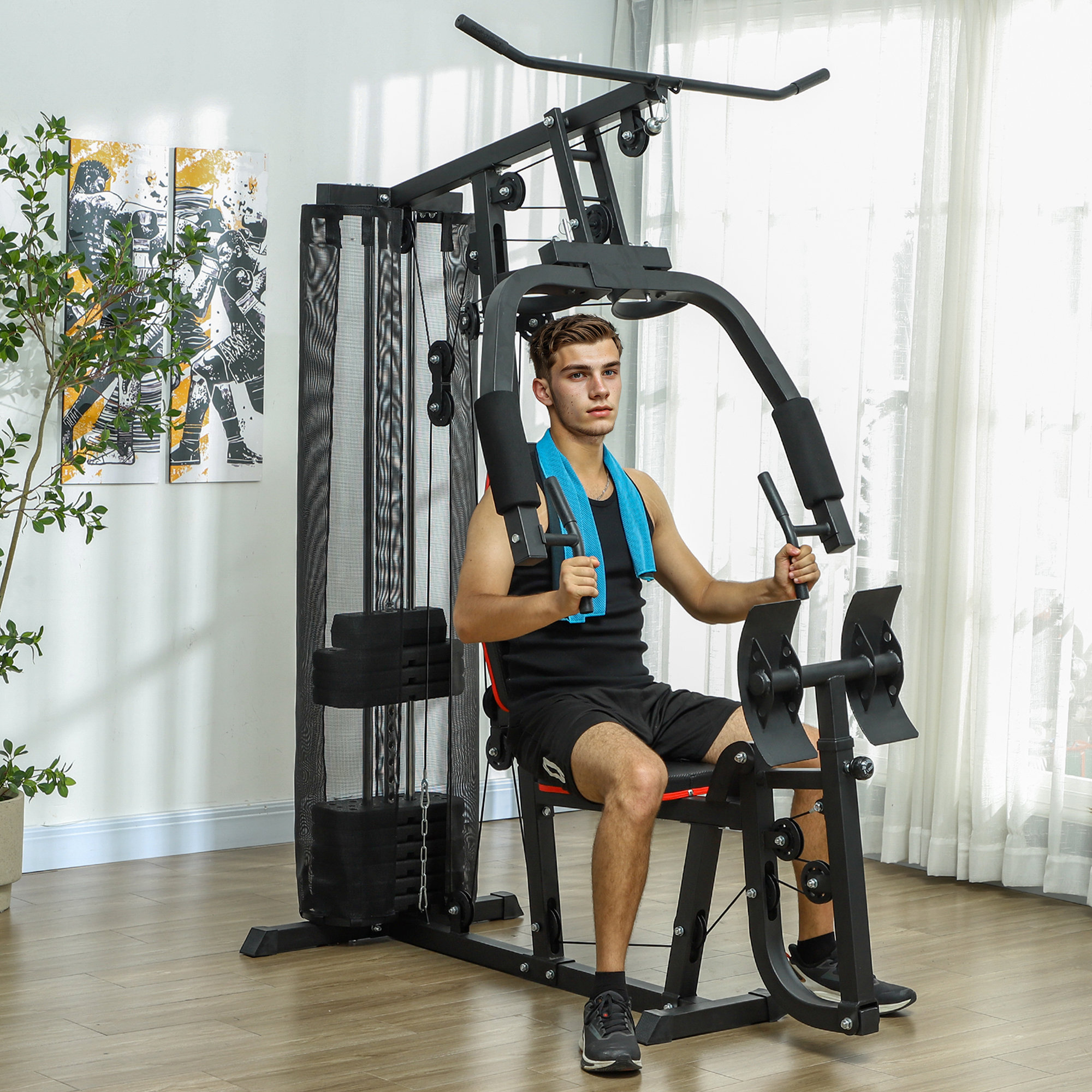 SPORTNOW Thuis Fitnessstation met 45 kg Gewichtsblokken, Lat Pulley, Borststation, Beinpresse voor Veelzijdige Training