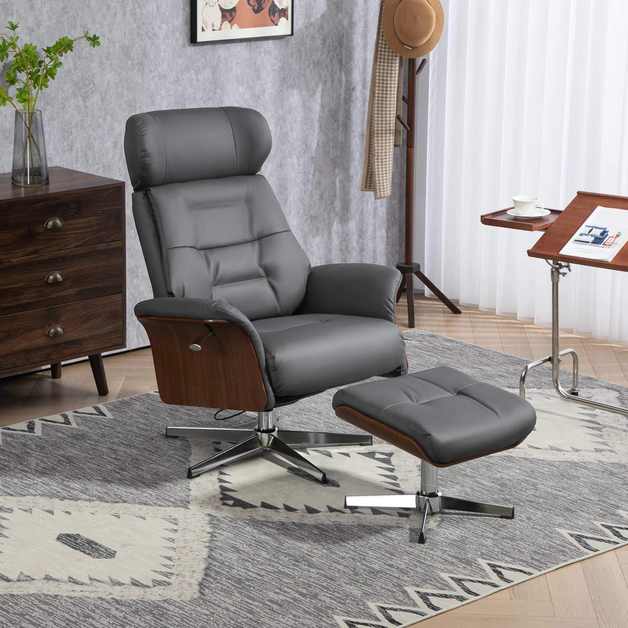 HOMCOM Relaxstoel met kruk, Ligfunctie, Draaibaar, Lederlook, tot 150 kg, Donkergrijs
