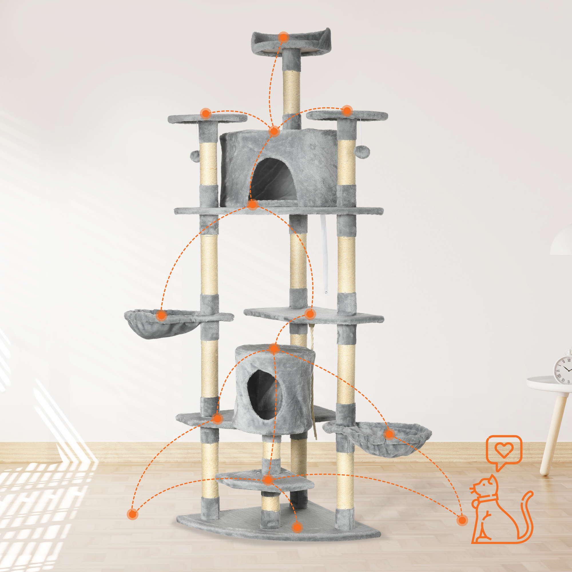 PawHut Krabpaal met 2 Hangmatten en 2 Kattenholen, Inclusief Speelgoed, Pluche en Sisaltouw - Lichtgrijs