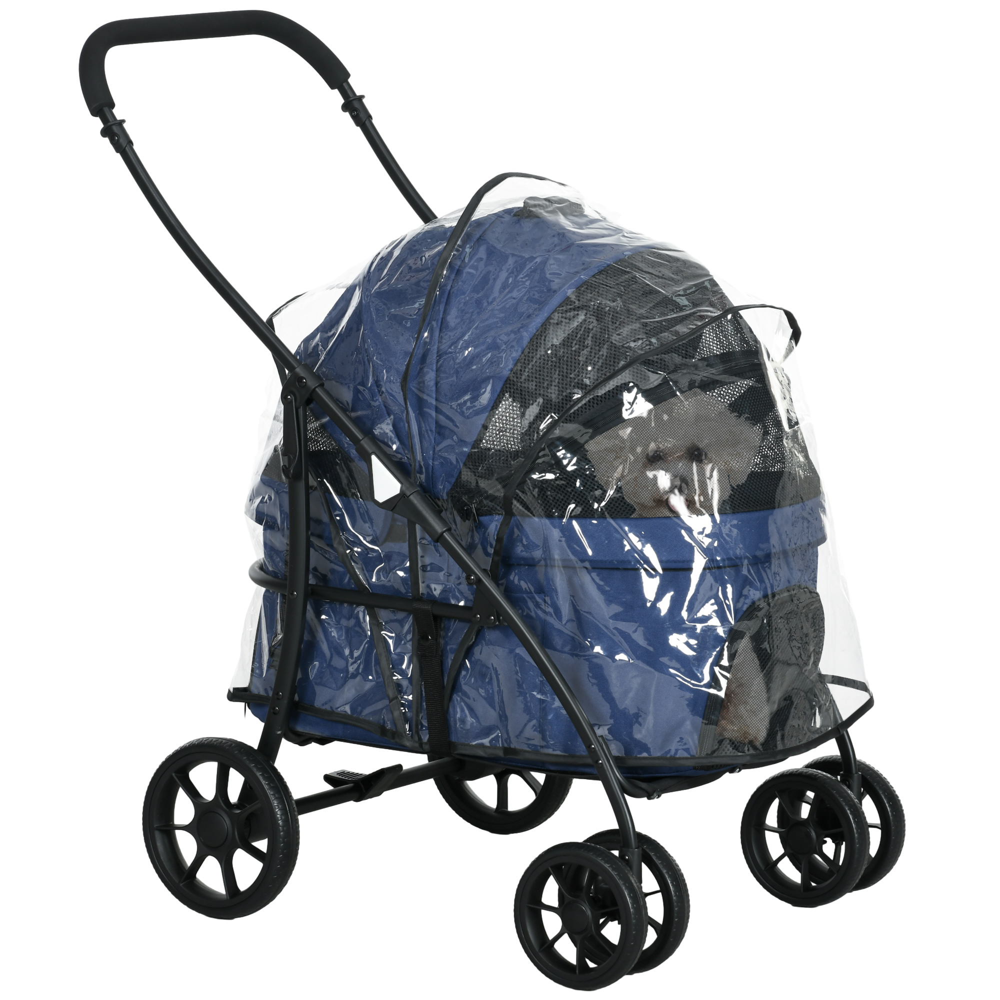 PawHut Hondenbuggy Huisdierkar, inklapbaar, regenbescherming, 2 veiligheidslijnen, 81x 68 x 98,5 cm, Donkerblauw