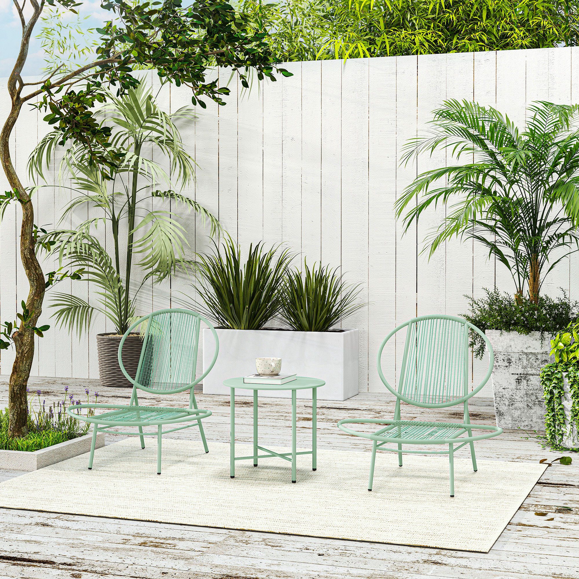 Outsunny 3-Delige Bistroset van Polyrattan - Weerbestendige Tuinmeubelset met Bistrotisch - Schelpvormige Tuinstoelen Groen
