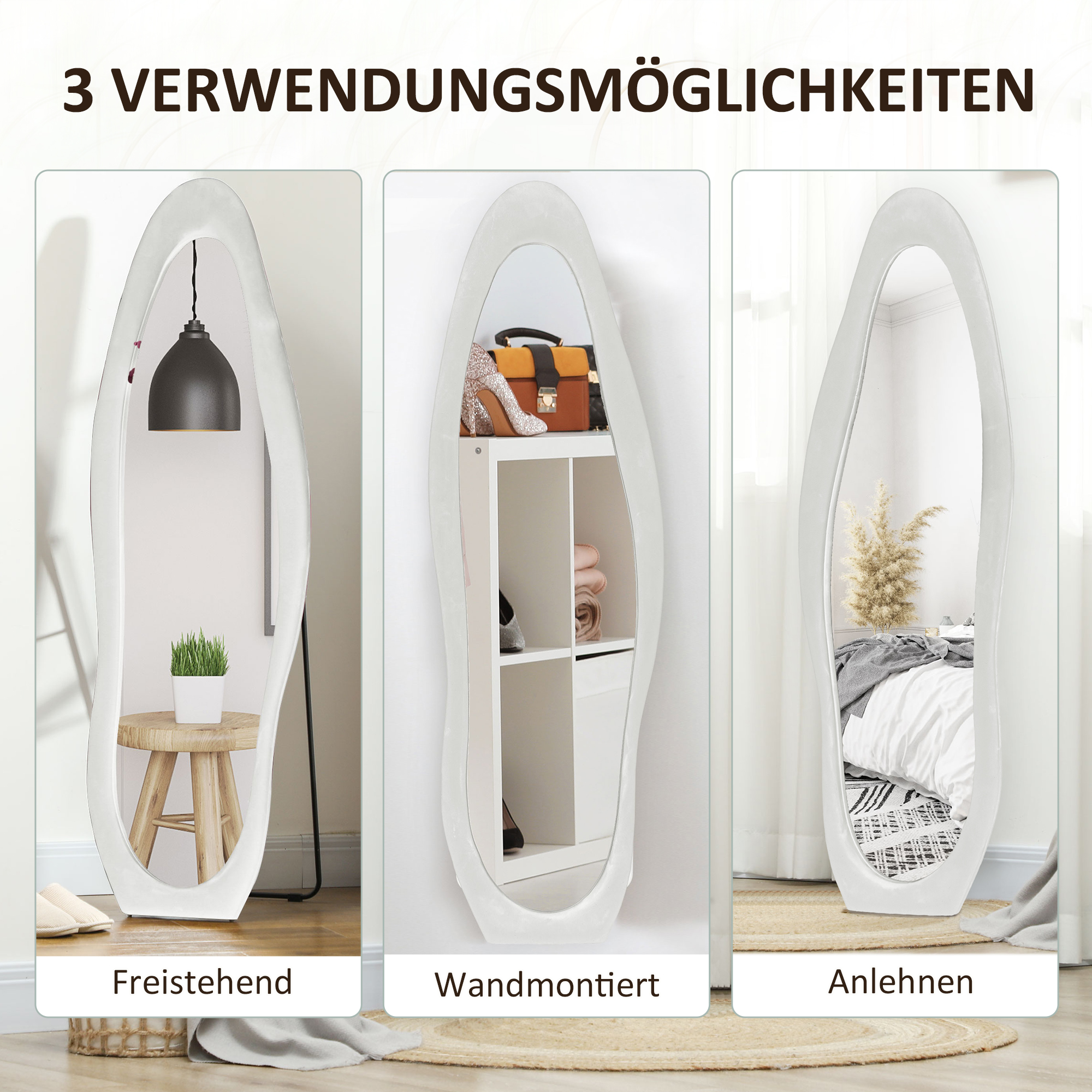 HOMCOM Volledige Lichaamsspiegel, Golvende Vorm, 160 x 50 cm, Vrijstaand, Fluweelachtige Framebekleding, Slaapkamer, Woonkamer, Wit