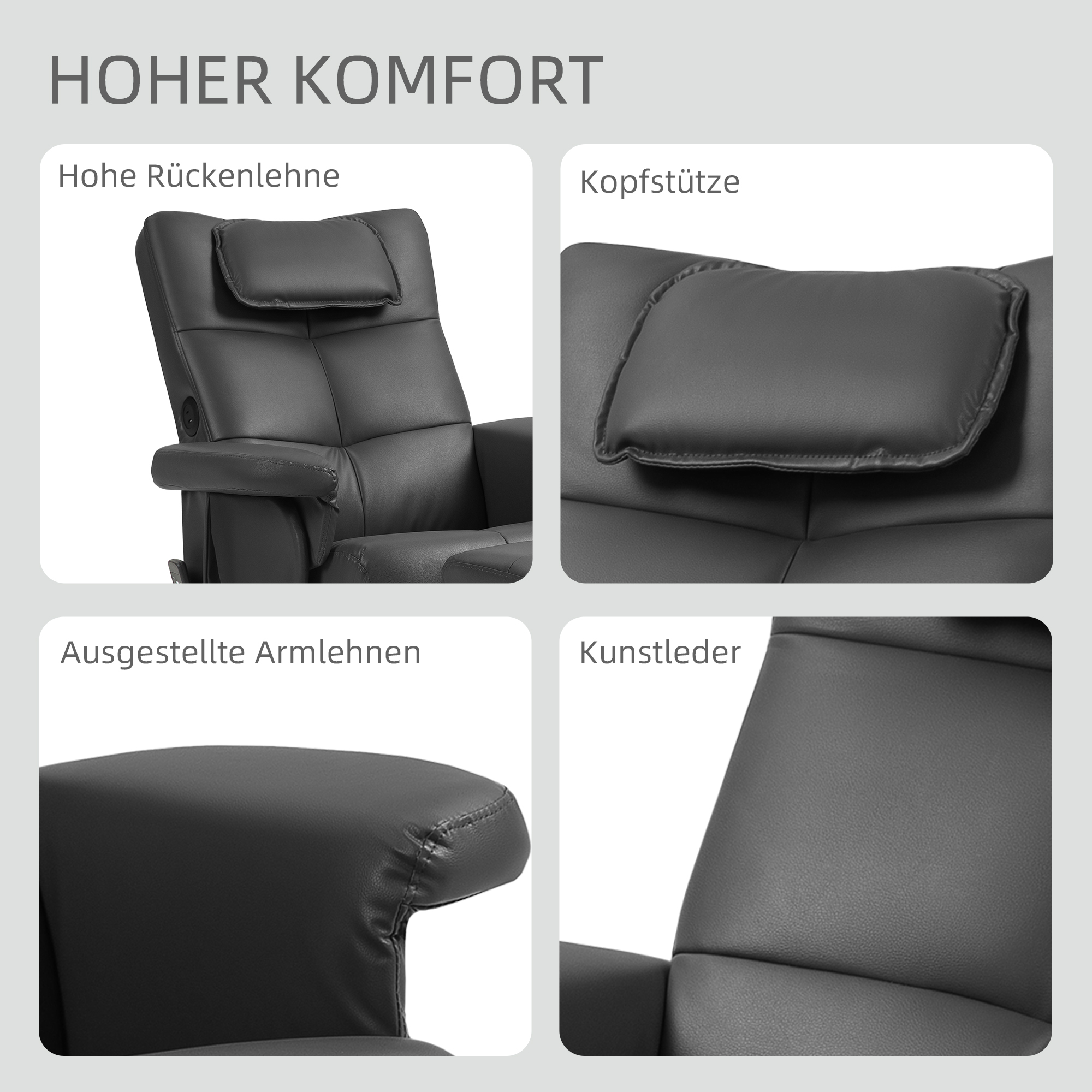 HOMCOM Massagestoel met Kruk, Verstelbare Rugleuning, USB-laadpoort, Lederlook, tot 150 kg, Zwart