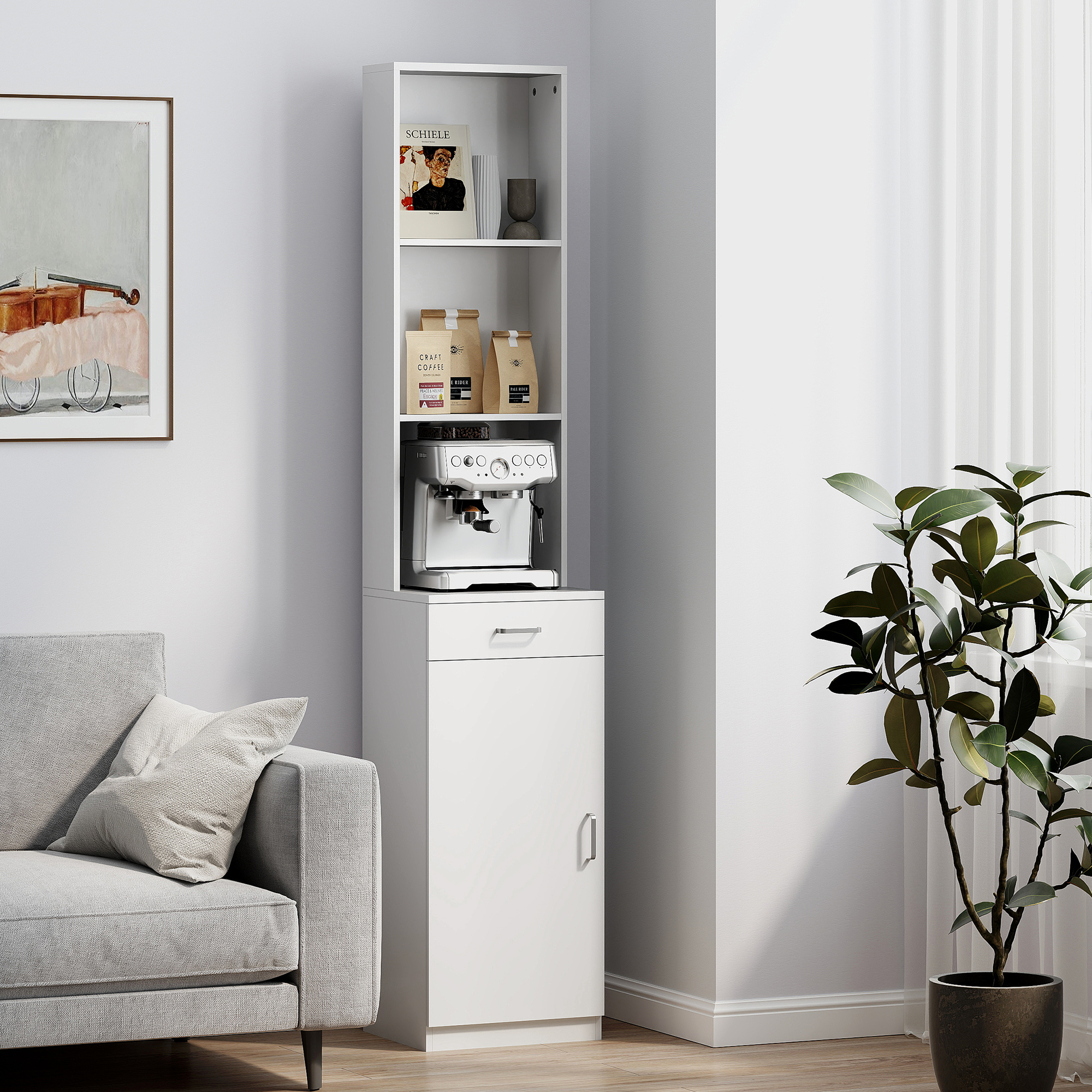 HOMCOM Hoge Badkamerkast, Smal Ontwerp, Lade, Schappen, Kast, Spaanplaat, Wit