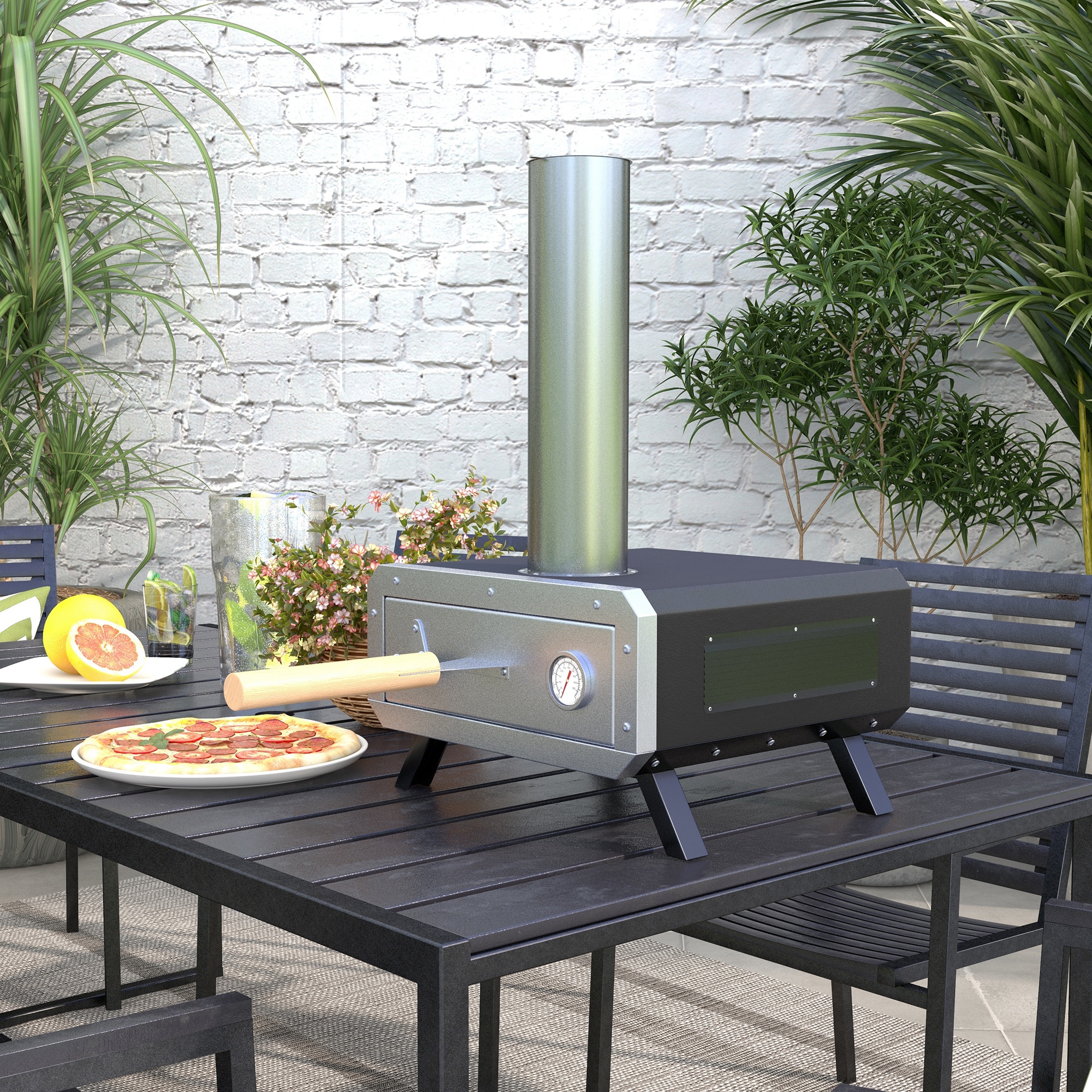 Outsunny 2-In-1 Pizzaoven Outdoor met Pizzasteen Houtoven Pizzaschep Pizzashovel Grilloven voor BBQ Staal Zwart