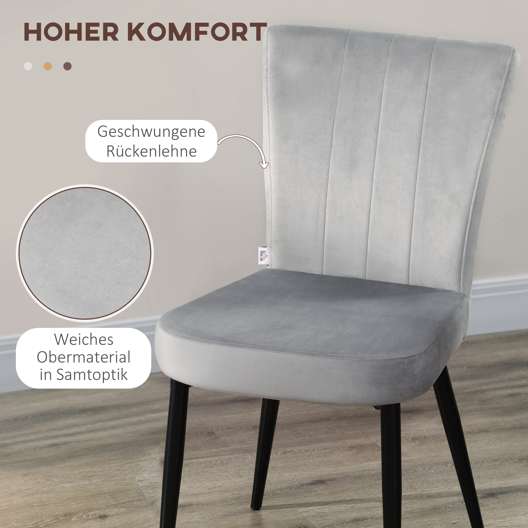 HOMCOM Set van 4 eetkamerstoelen, accentstoelen voor keukens en eetkamers, stoelenset, velourslook, lichtgrijs+zwart