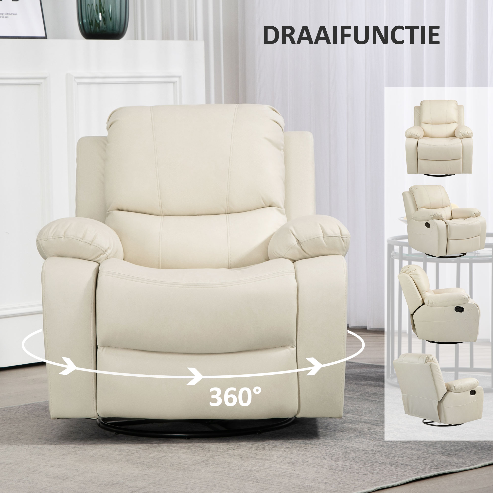 HOMCOM Relaxstoel, verstelbare leuning & voetsteun, draaibaar, tot 150 kg, stalen frame, 93x100x98cm, Crèmewit