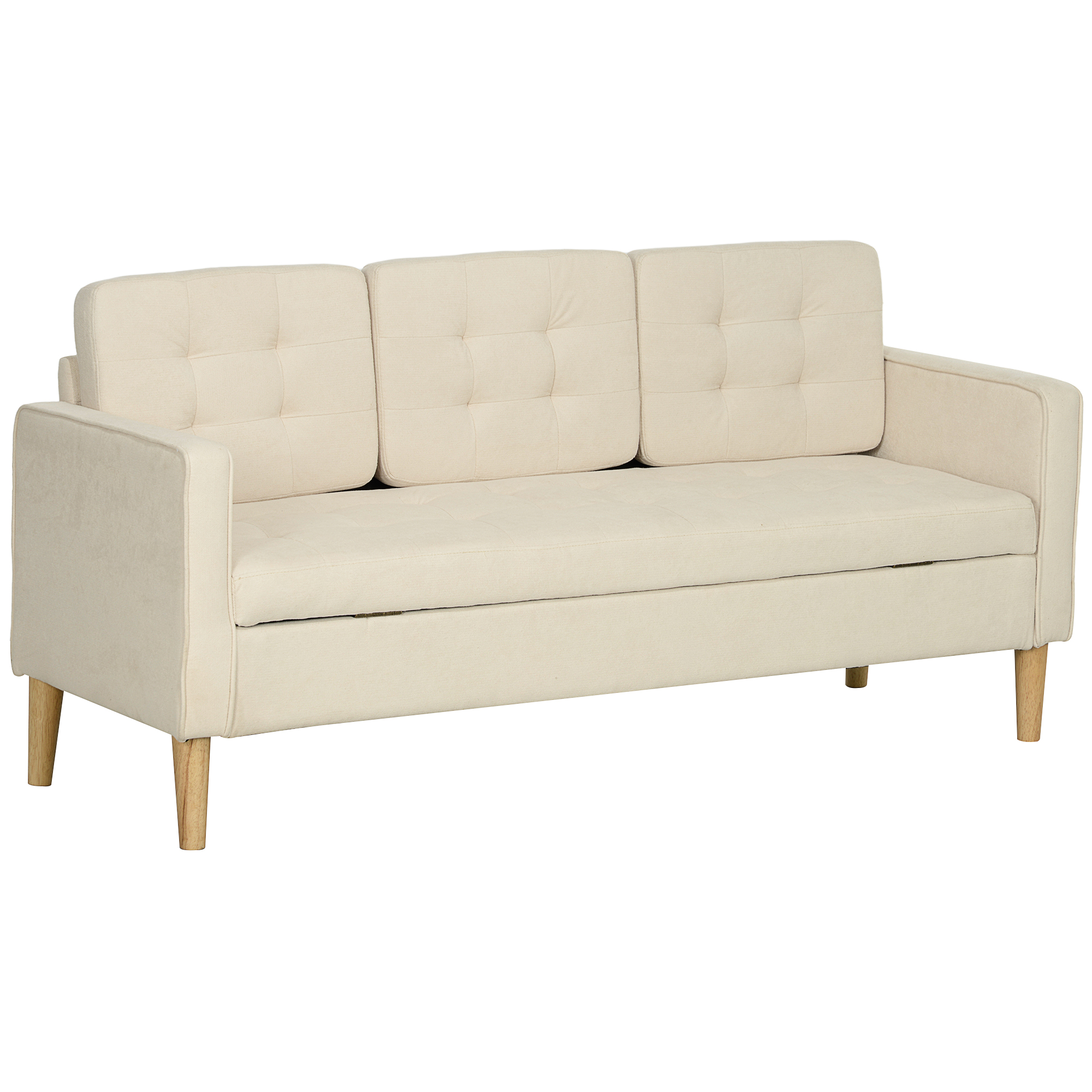 HOMCOM 3-Zits Sofa met Opbergruimte, Knoopstiksel, Gepolsterde Bank, 166,5 x 62 x 82 cm, Crèmewit