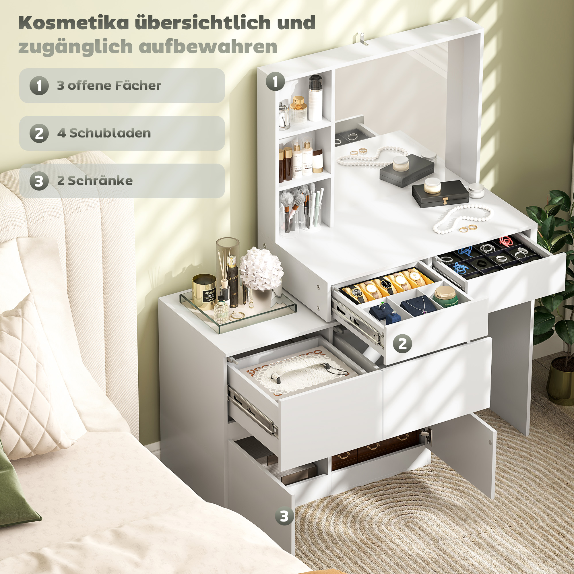 HOMCOM Kaptafel, Makeup-Tafel met Grote Spiegel, 4 Laden, 3 Open Vakken, 2 Kasten, MDF, Wit