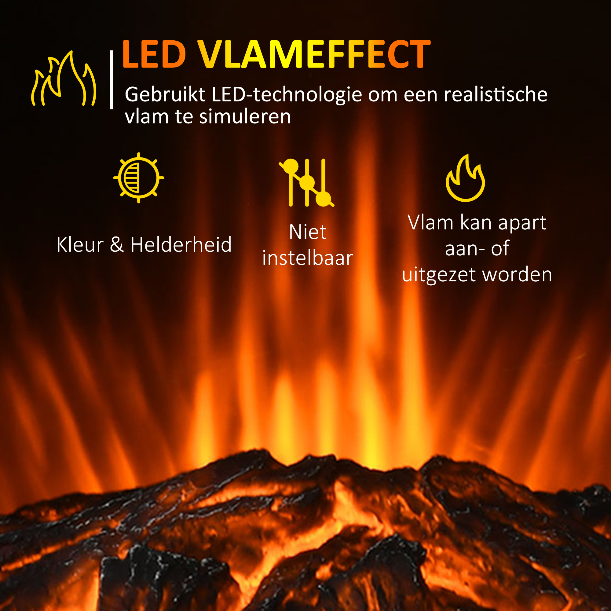 HOMCOM elektrische haard, realistische vlammen, 2 verwarmingsniveaus, bescherming tegen oververhitting, staal, zwart, 44,5 x 32 x 74 cm