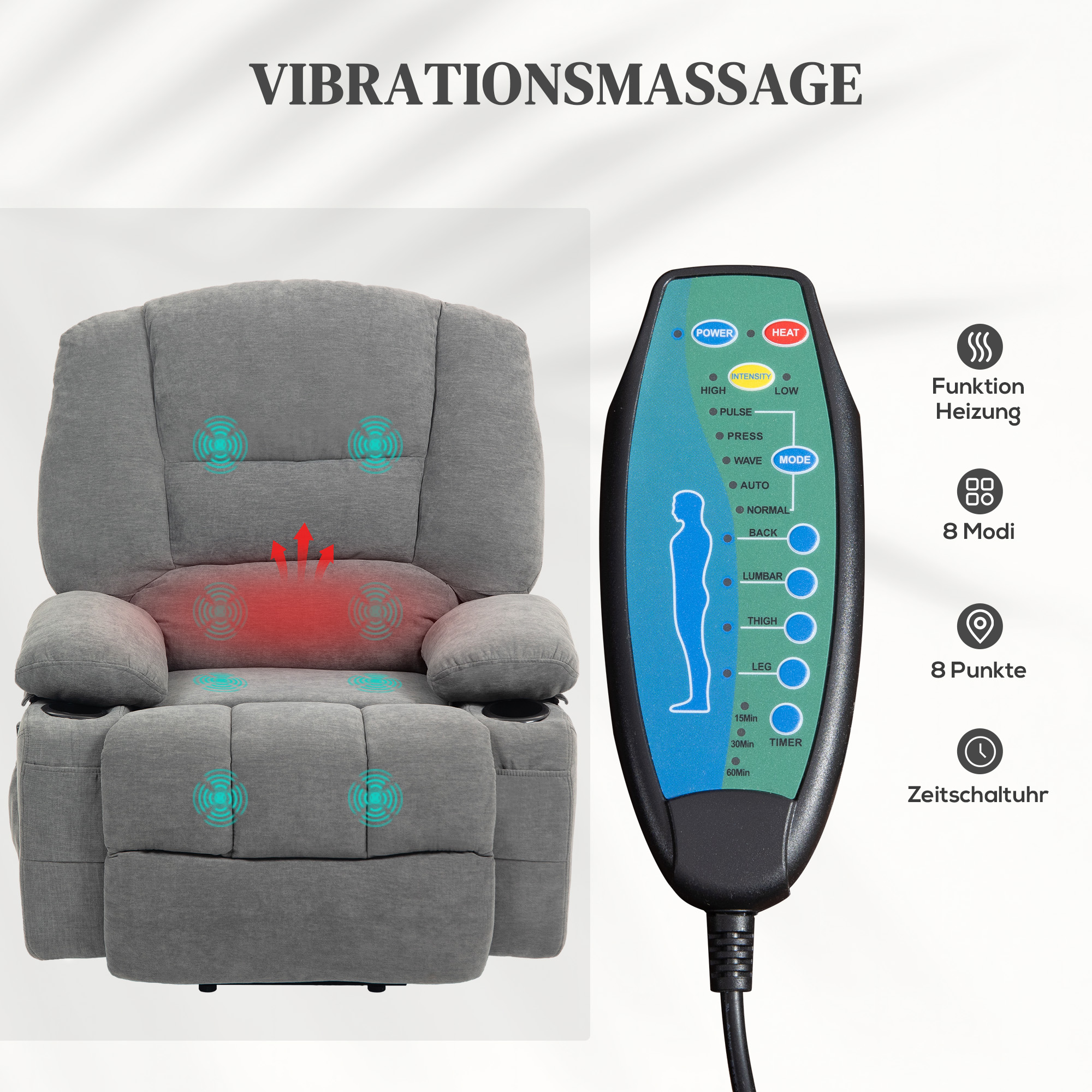 HOMCOM Elektrische Relaxstoel met Sta-op Hulp, Massagesstoel met Verwarmingsfuncties, 2 Afstandsbedieningen, Zacht Schuim