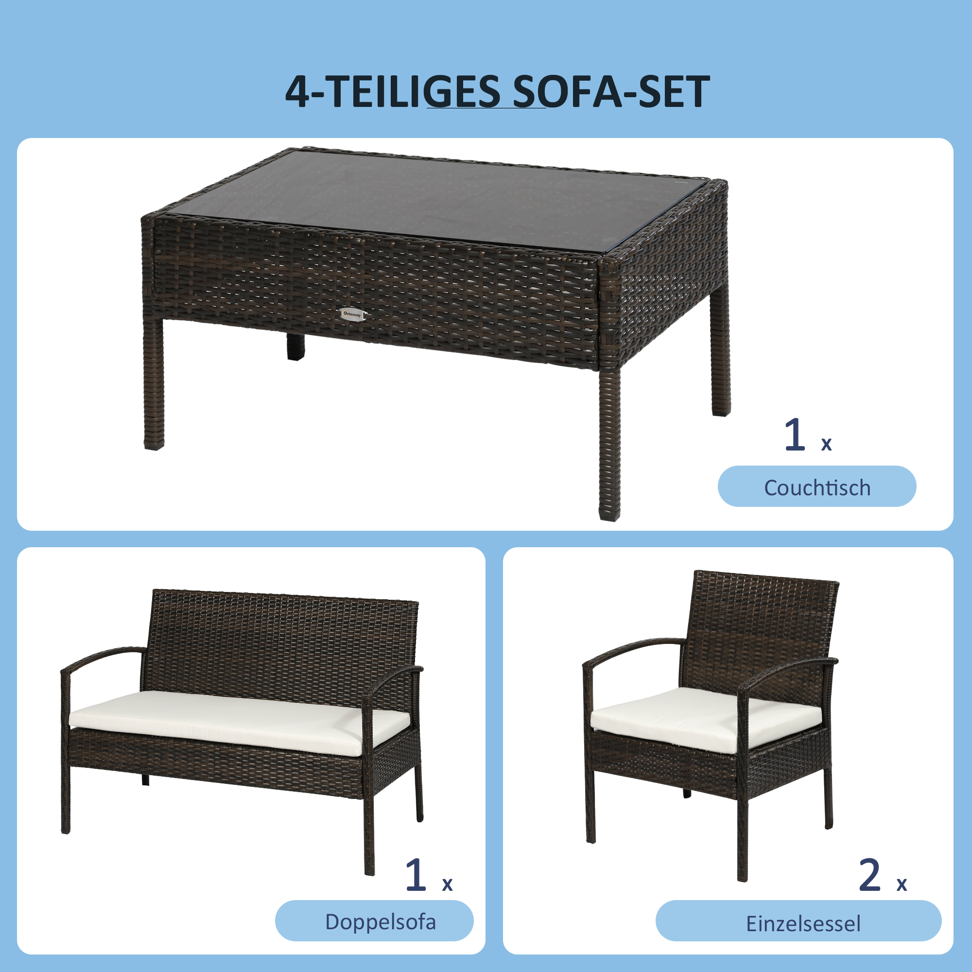 Outsunny poly rotan tuinmeubelset 4 delig bruin+crème wit