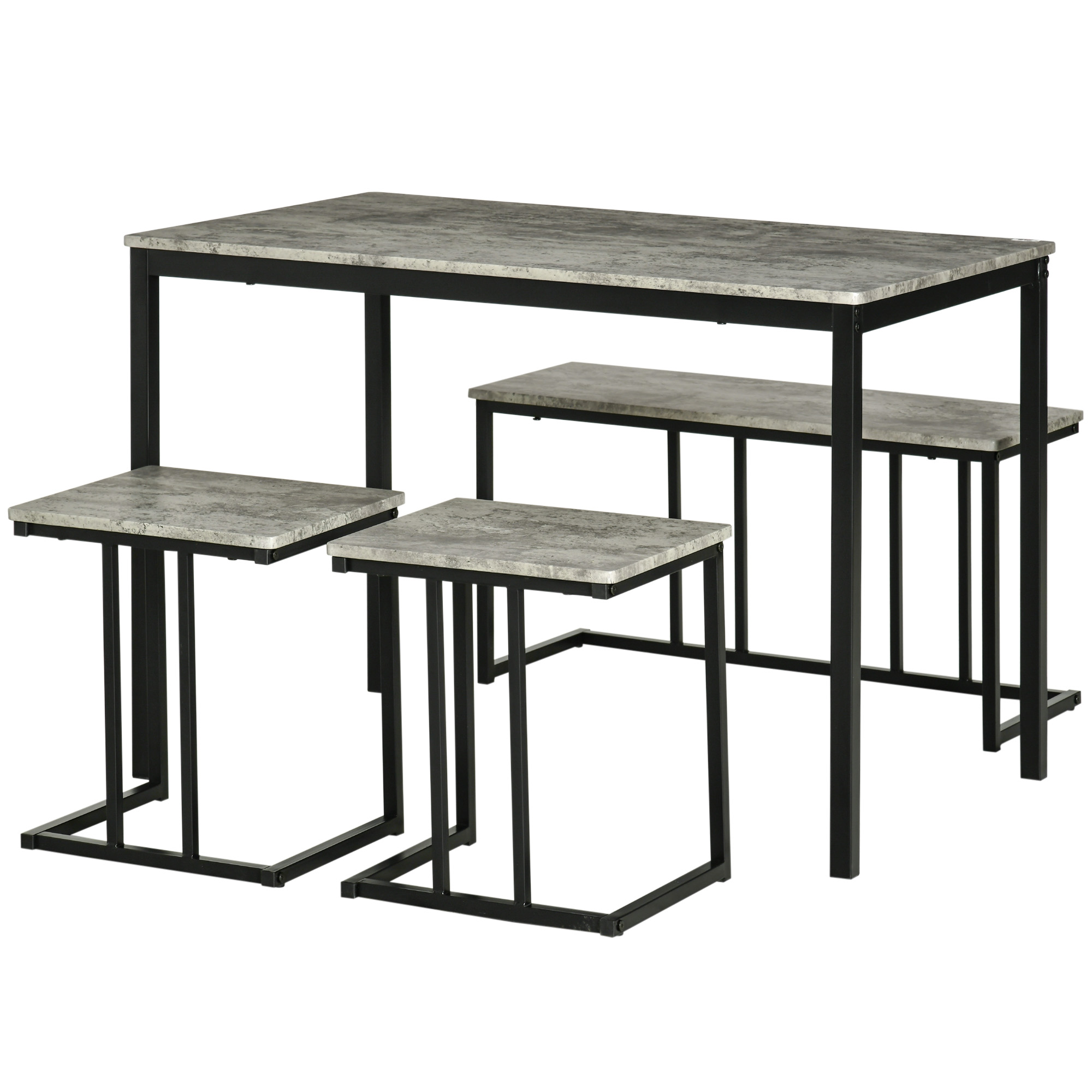 HOMCOM Eetset, 4-delig, Tafel, 2 Krukken en Bank, Compact, Metalen Frame, Grijs
