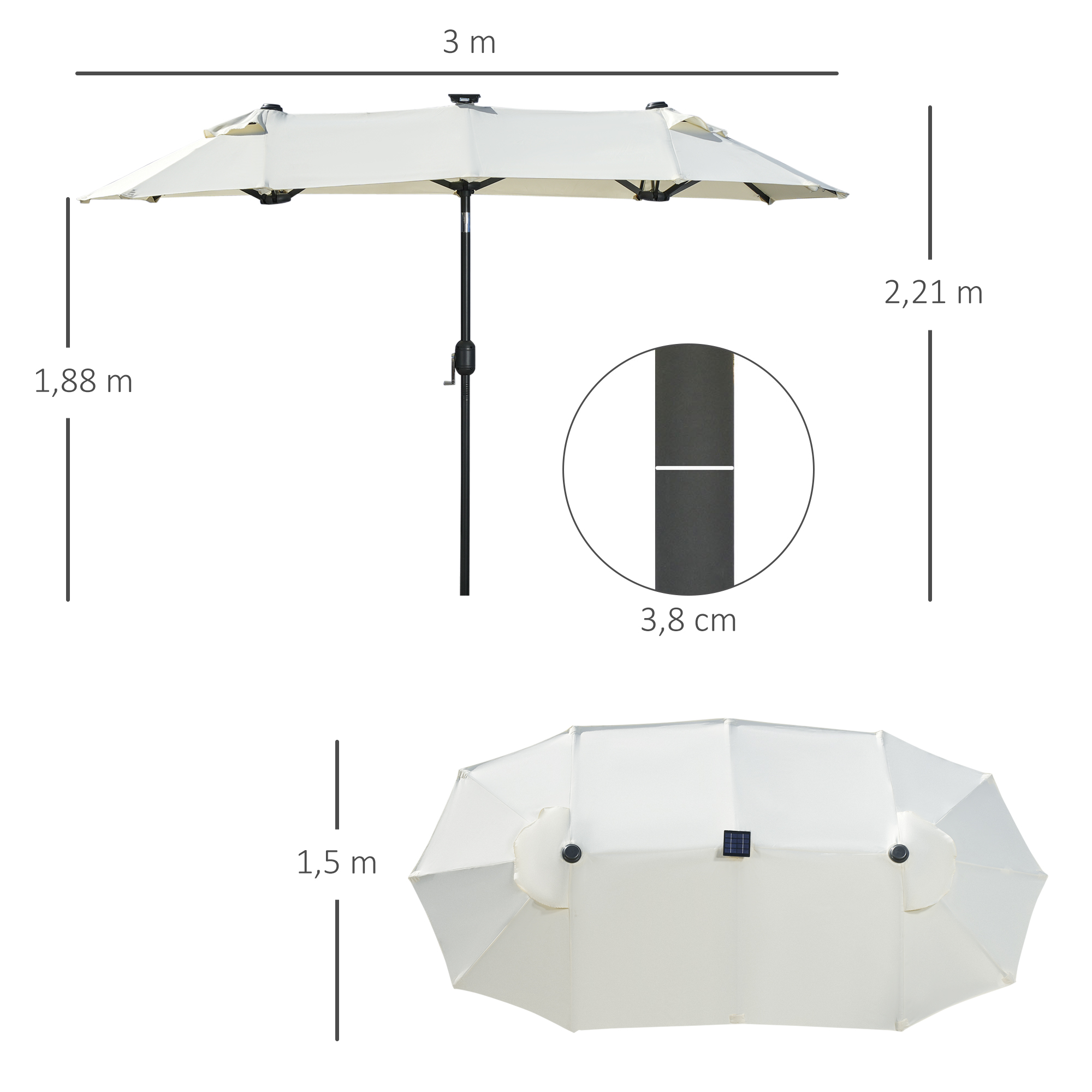 Outsunny dubbele zonwering, terrasscherm, kantelbaar, met zonnepaneel, 35 LED's, stalen frame, beige, 2,95 x 1,50 x 2,19 m