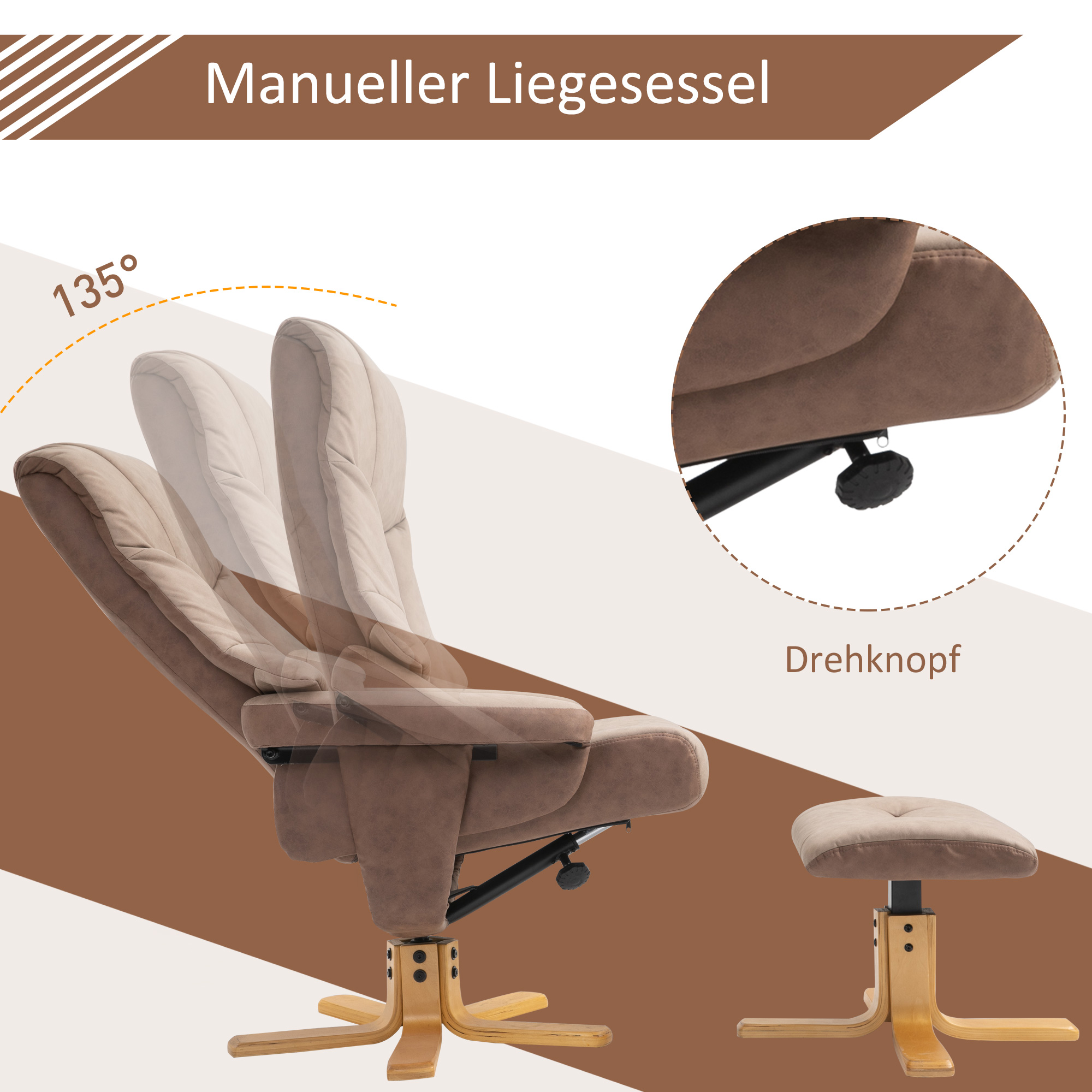 HOMCOM Relaxstoel met voetenbank, 360° draaibaar, 135° kantelbaar, ademende bekleding, 78 x 82,5 x 109 cm, bruin