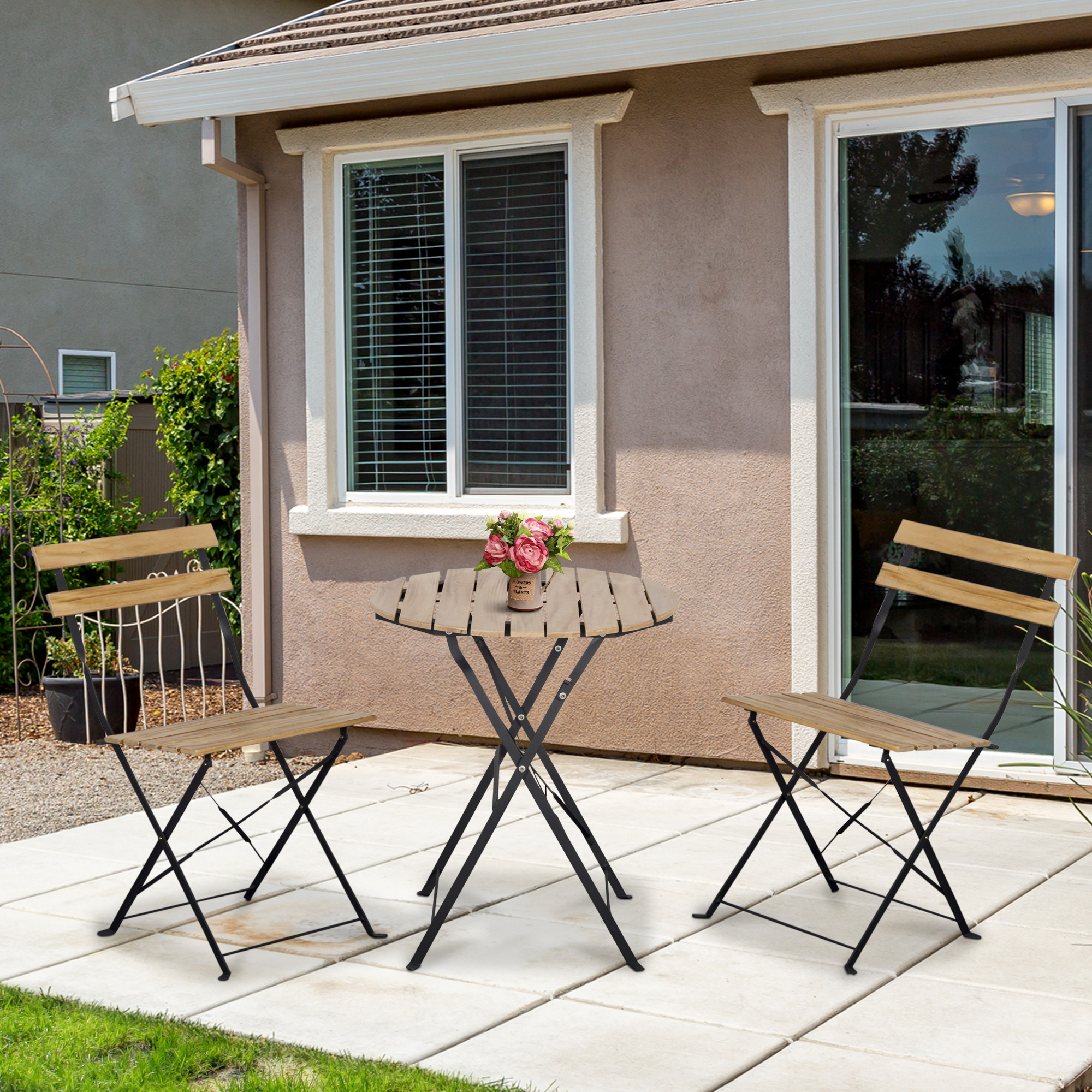 Outsunny 3-delige opvouwbare bistroset massief hout + stalen frame natuurlijke kleur