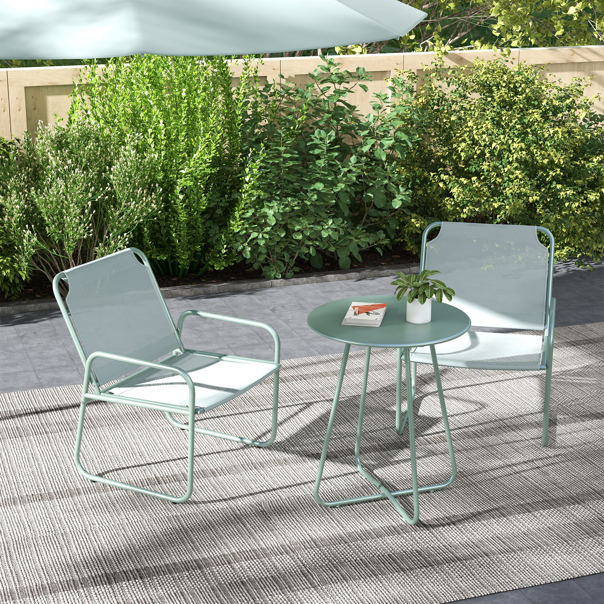 Outsunny 3-delige tuinmeubelset, 2 stoelen met ademende stoffen bekleding, 1 ronde tafel Ø60 cm, Groen