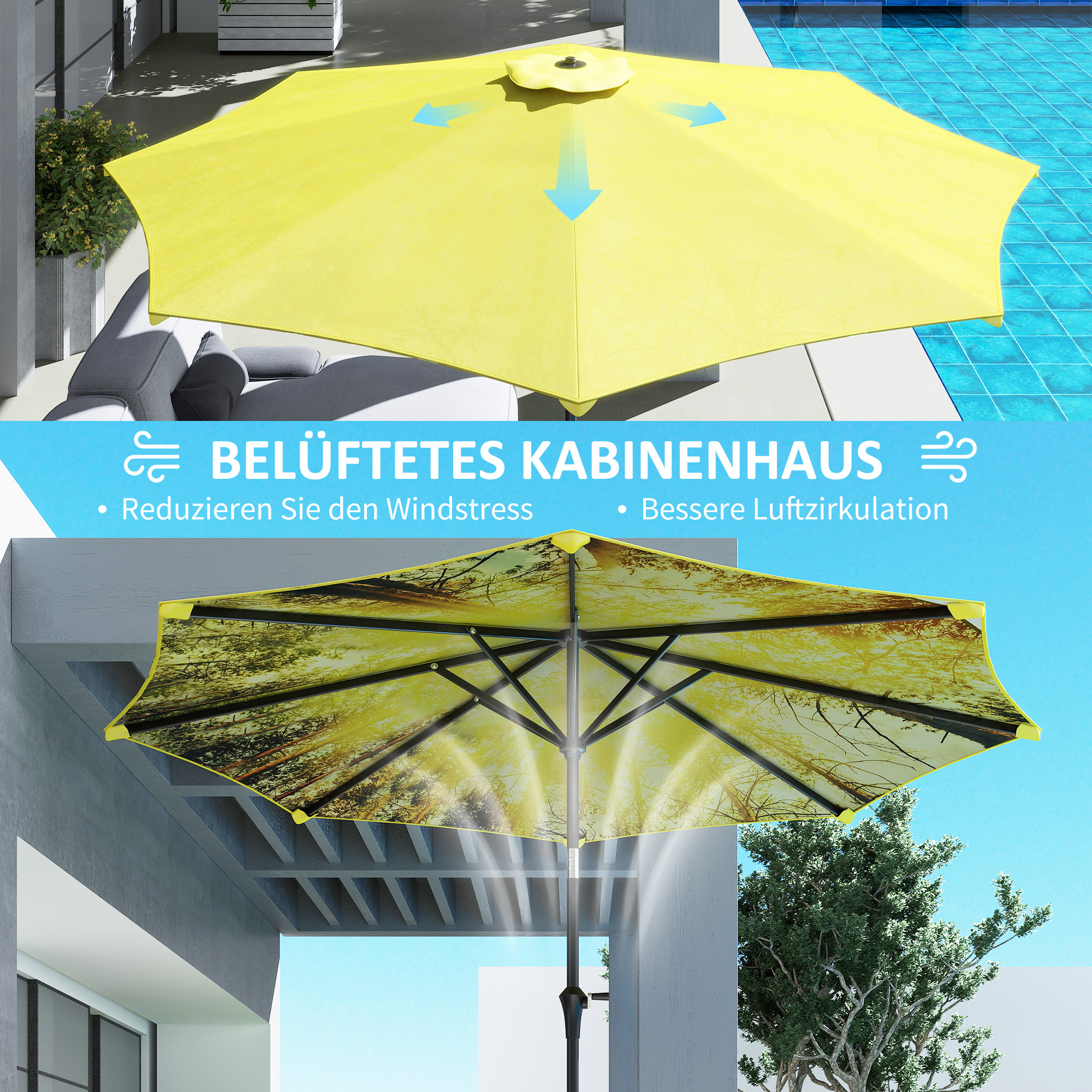 Outsunny Parasol Ø300 cm met Handmolen, Achthoekig, Geel