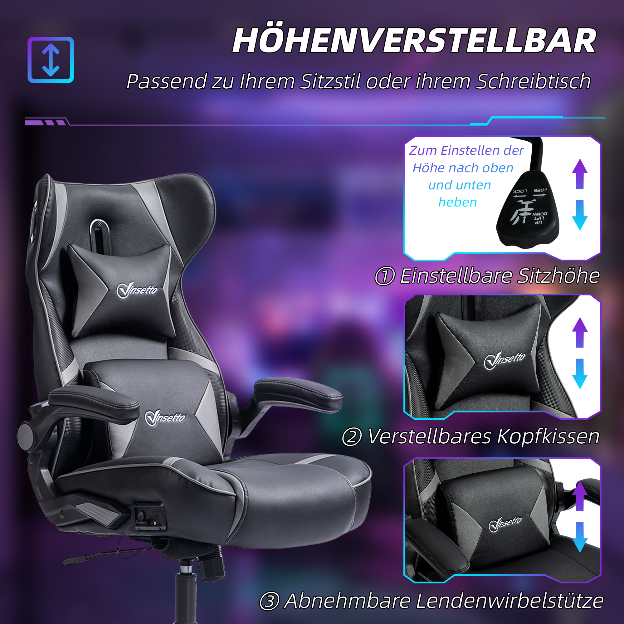 Vinsetto Gamingstoel met Schommelfunctie en Luidspreker, Lenden- en Neksteun, voor Speelkamer, Kunstleer, Grijs+Zwart