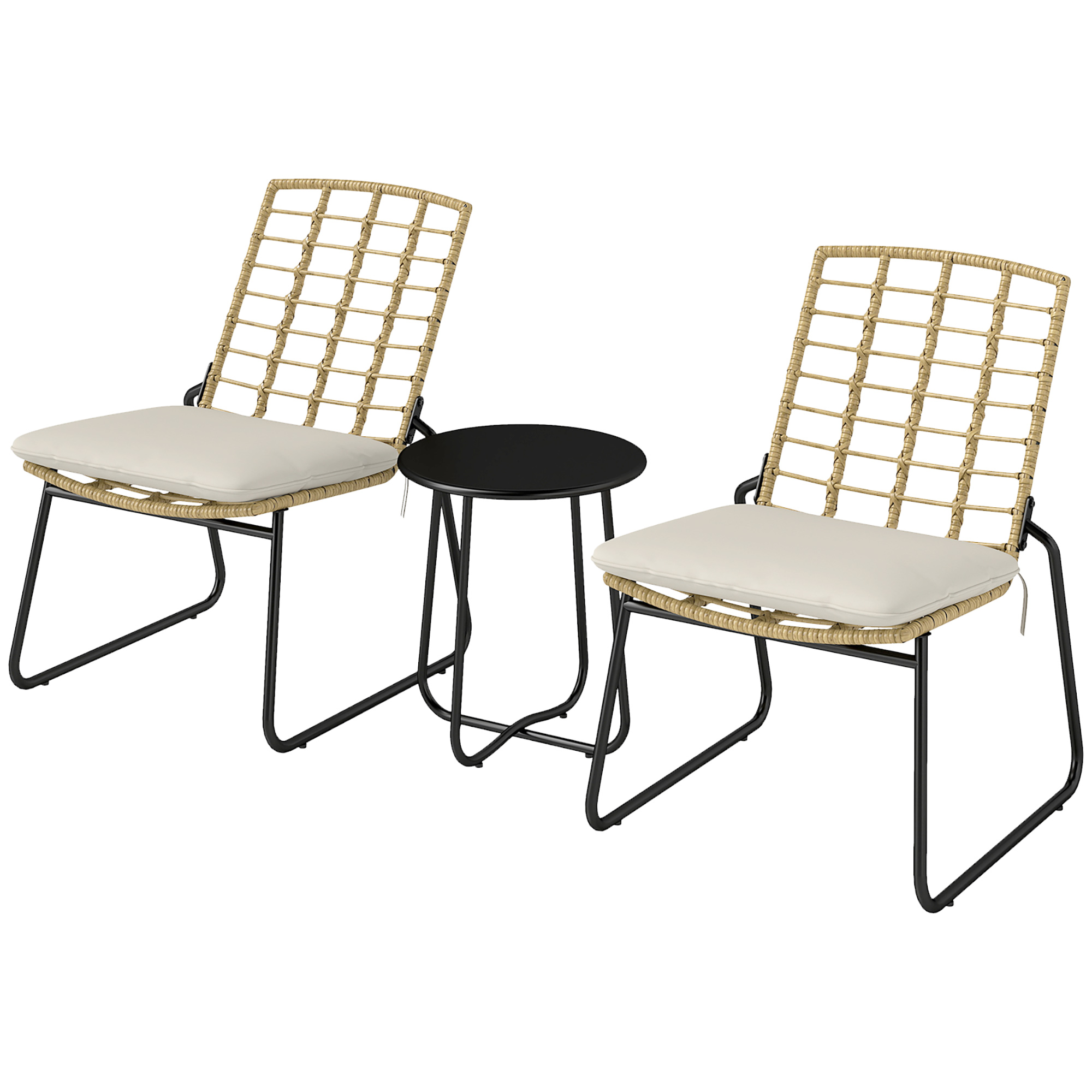 Outsunny 3-delig Tuinmeubelset, 2 Rattan Stoelen, 1 Tafel met Metalen Blad, Zitkussens, Bistroset, Beige & Bruin