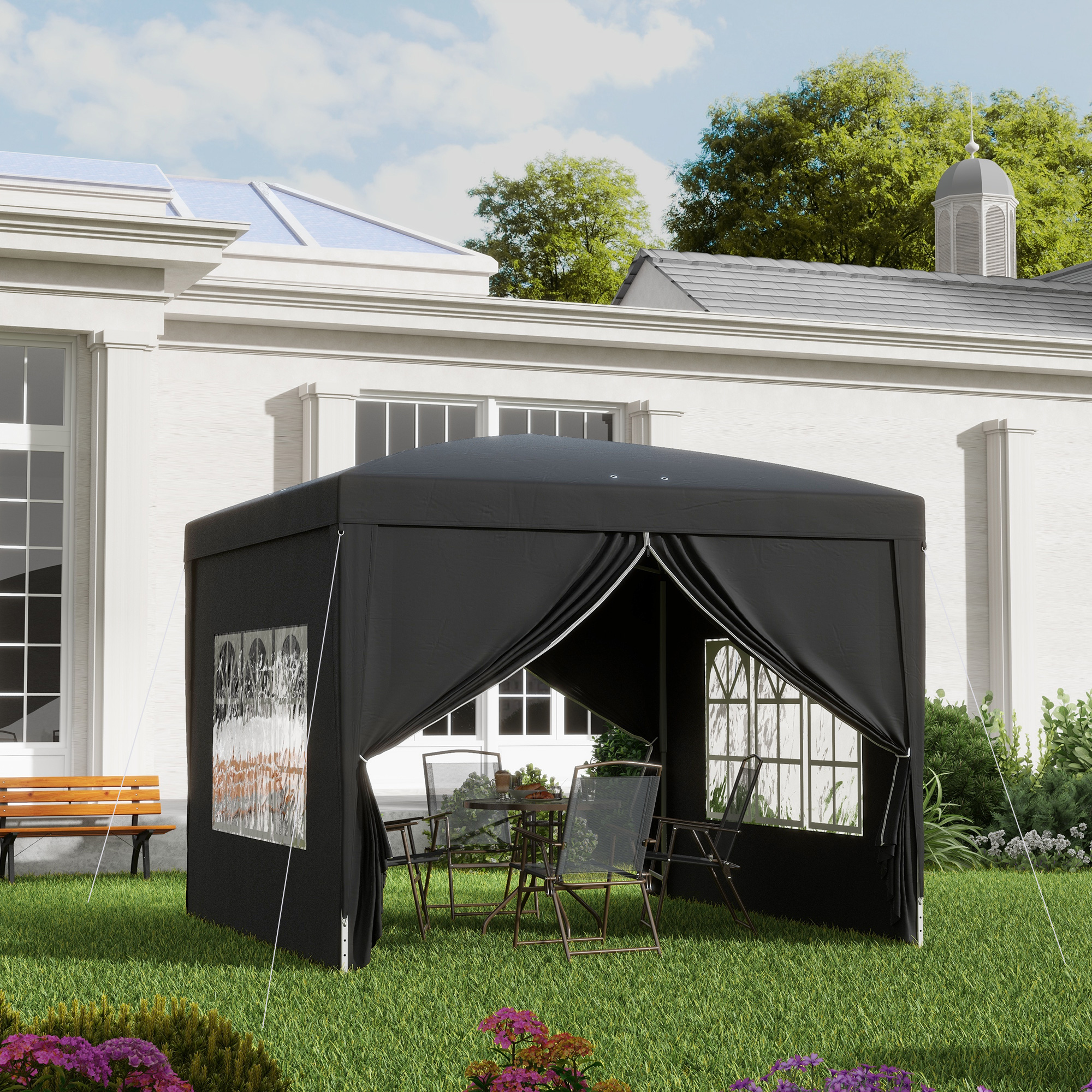 Outsunny 3 x 3 m Paviljoen met 4 Zijwanden, Ramen, Feesttent met UV-Bescherming, Tuinpaviljoen incl. Draagtas, Staal, Zwart