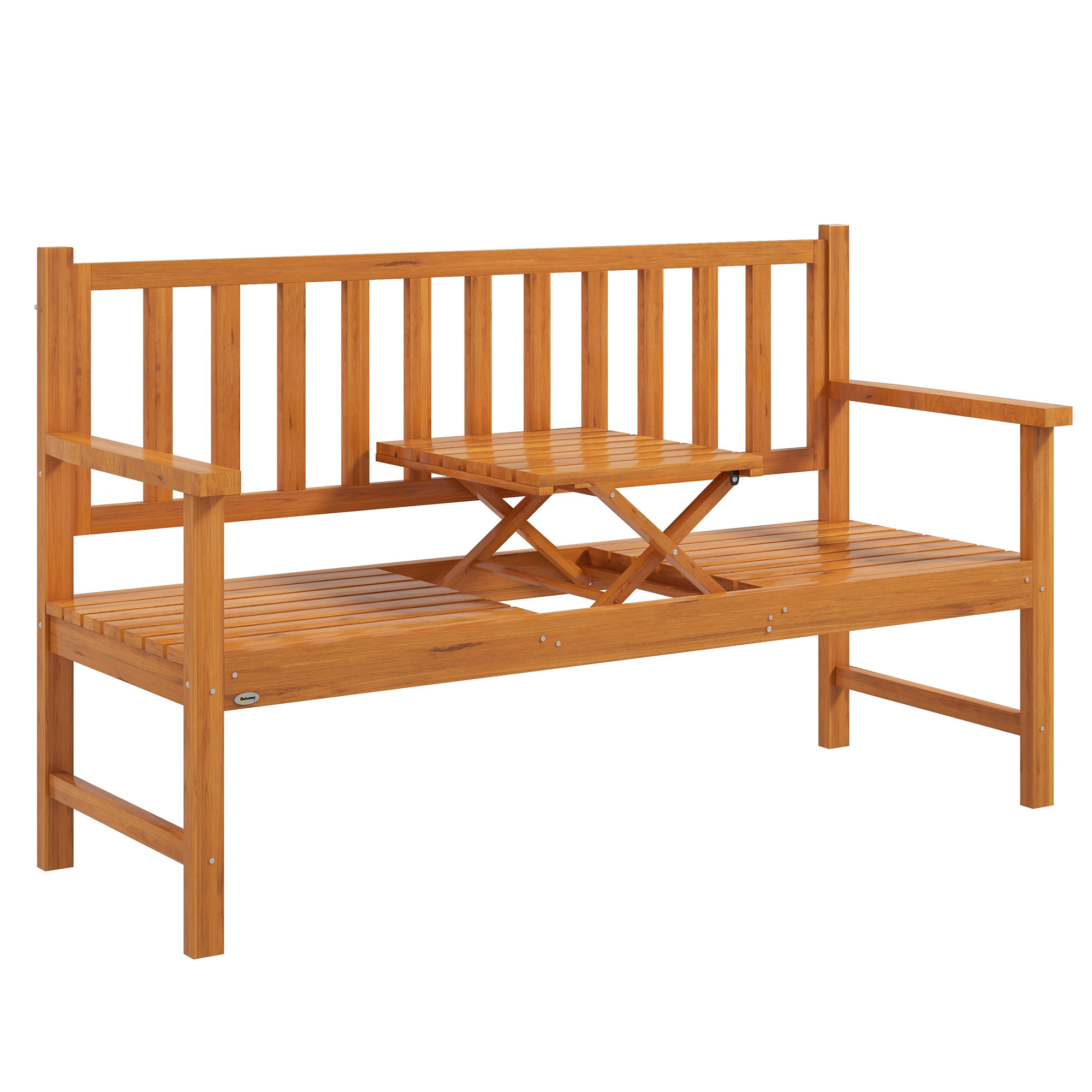 Outsunny Tuinbank Houten Bank Buitenbank, inklapbare Tafel, weerbestendig, Grenenhout, 153 cm x 56 cm x 91 cm, Lichtbruin
