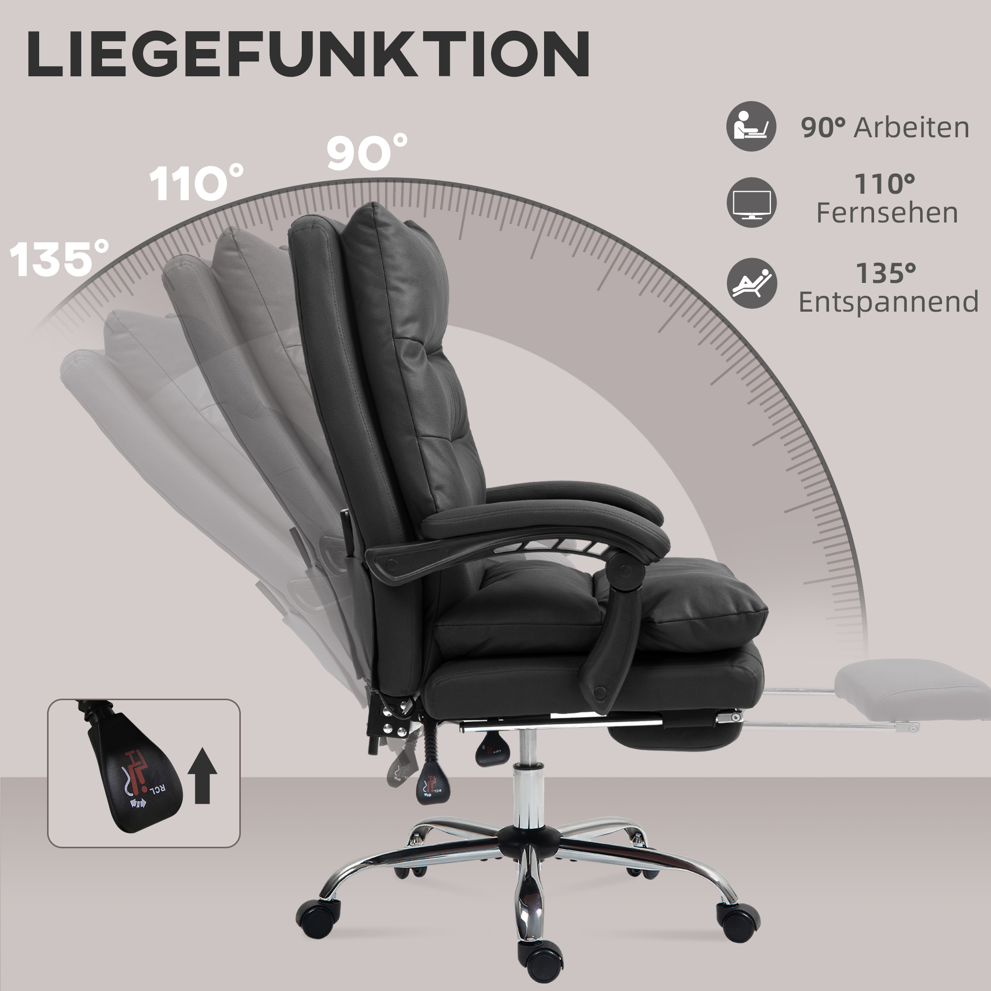 Vinsetto Massage Bureaustoel met Verwarming, Verstelbaar en Kantelbaar, Kunstleer, 65x72x109-117cm, Zwart
