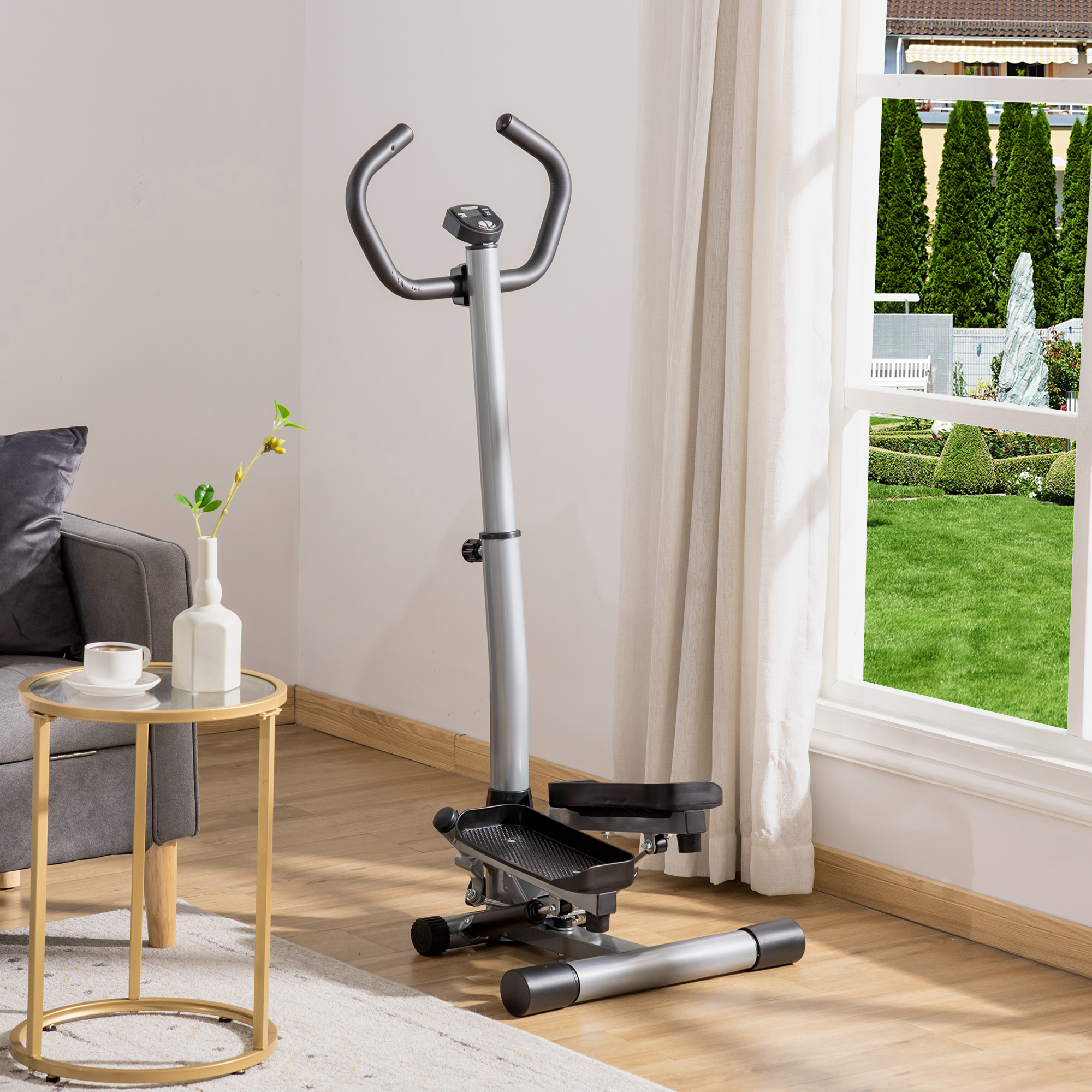 HOMCOM stepper met handvat fitness hometrainer voor thuis, klein fitnessapparaat voor been- en bodemtraining met LCD-scherm, instelbare snelheid Metaal ABS Zwart + Zilver 55 x 53 x 118-128 cm