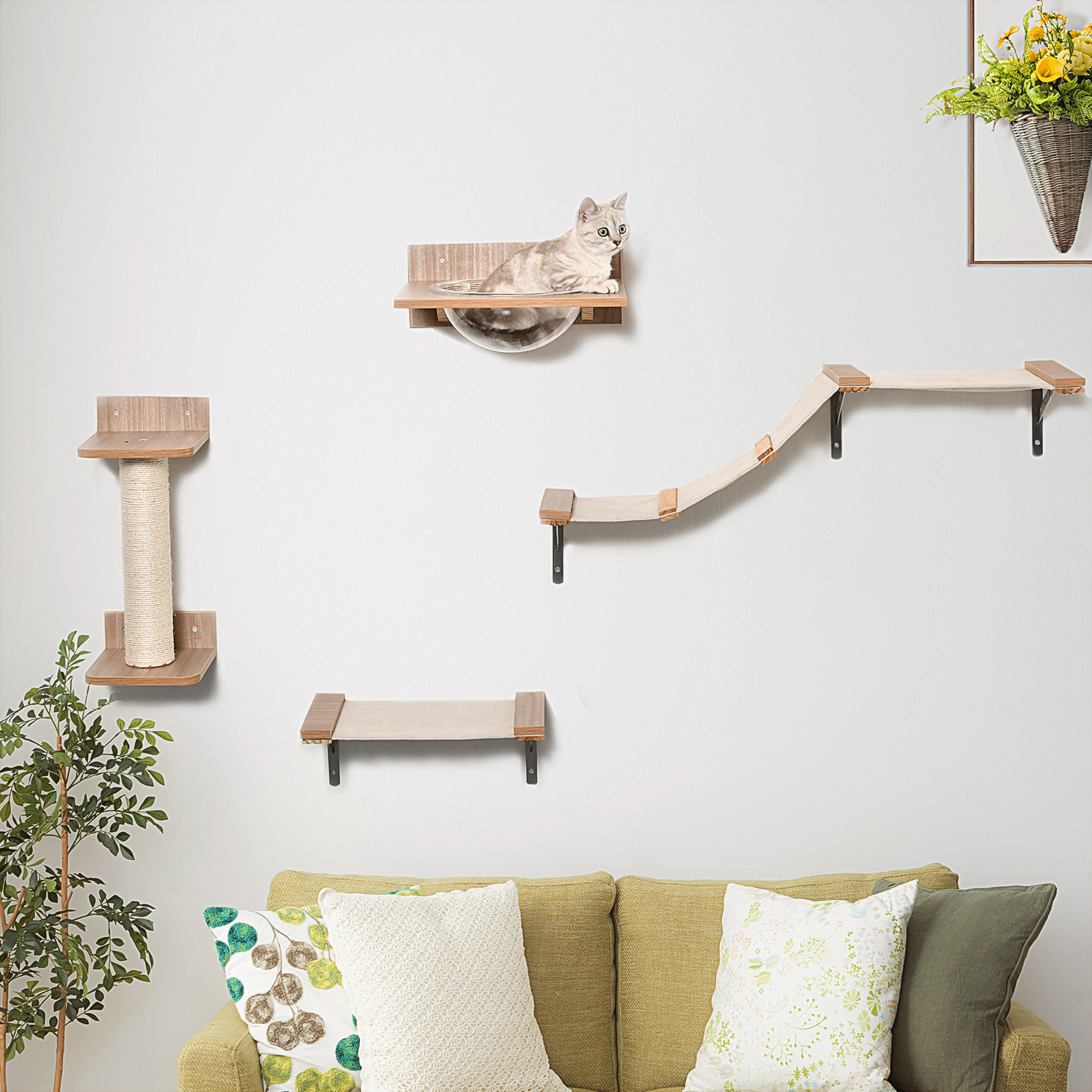 PawHut 4st. Klimmuur voor katten Kattenklimwand met krabpaal Kattentrap Kattenmeubel Hangmat Lichtbruin sisal acryl grenen