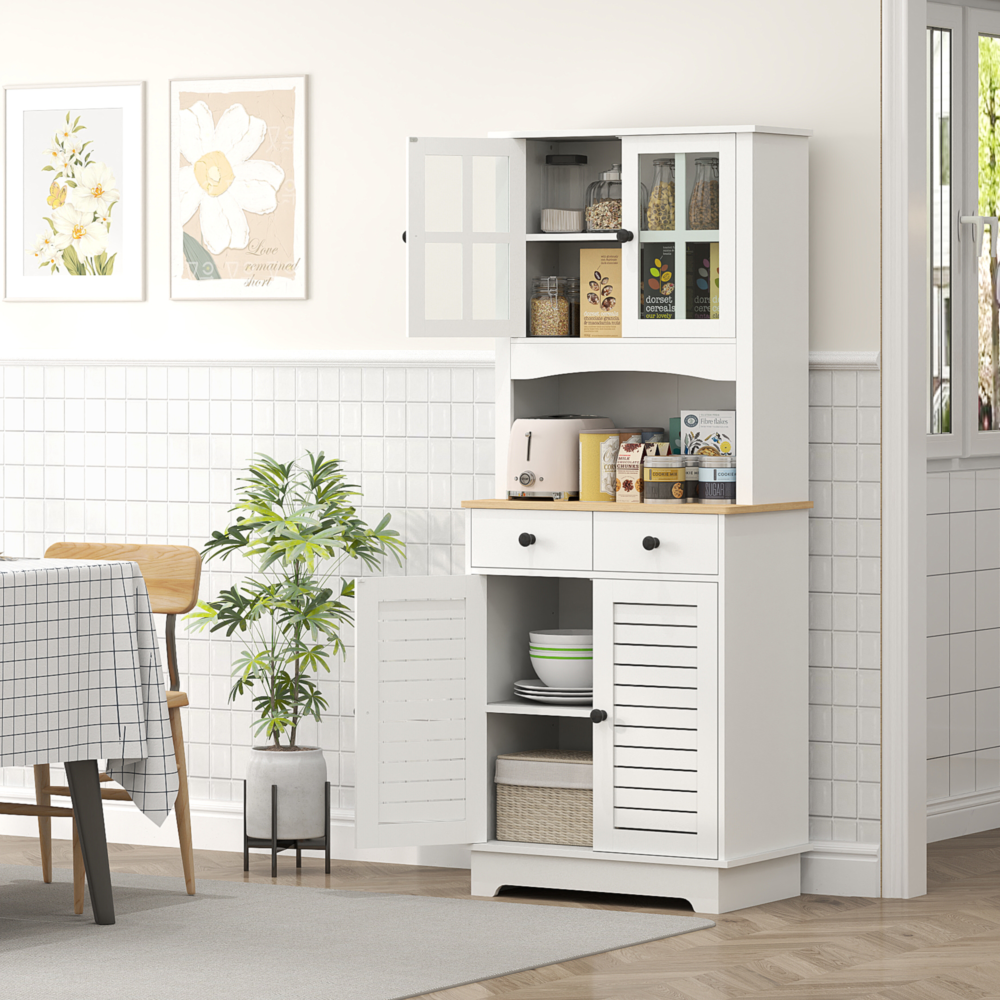 HOMCOM Keukenkast met Glazen Deuren, 2 Laden, Servieskast, Eetkamerschrank, Hout, 68 x 39,5 x 170 cm, Wit