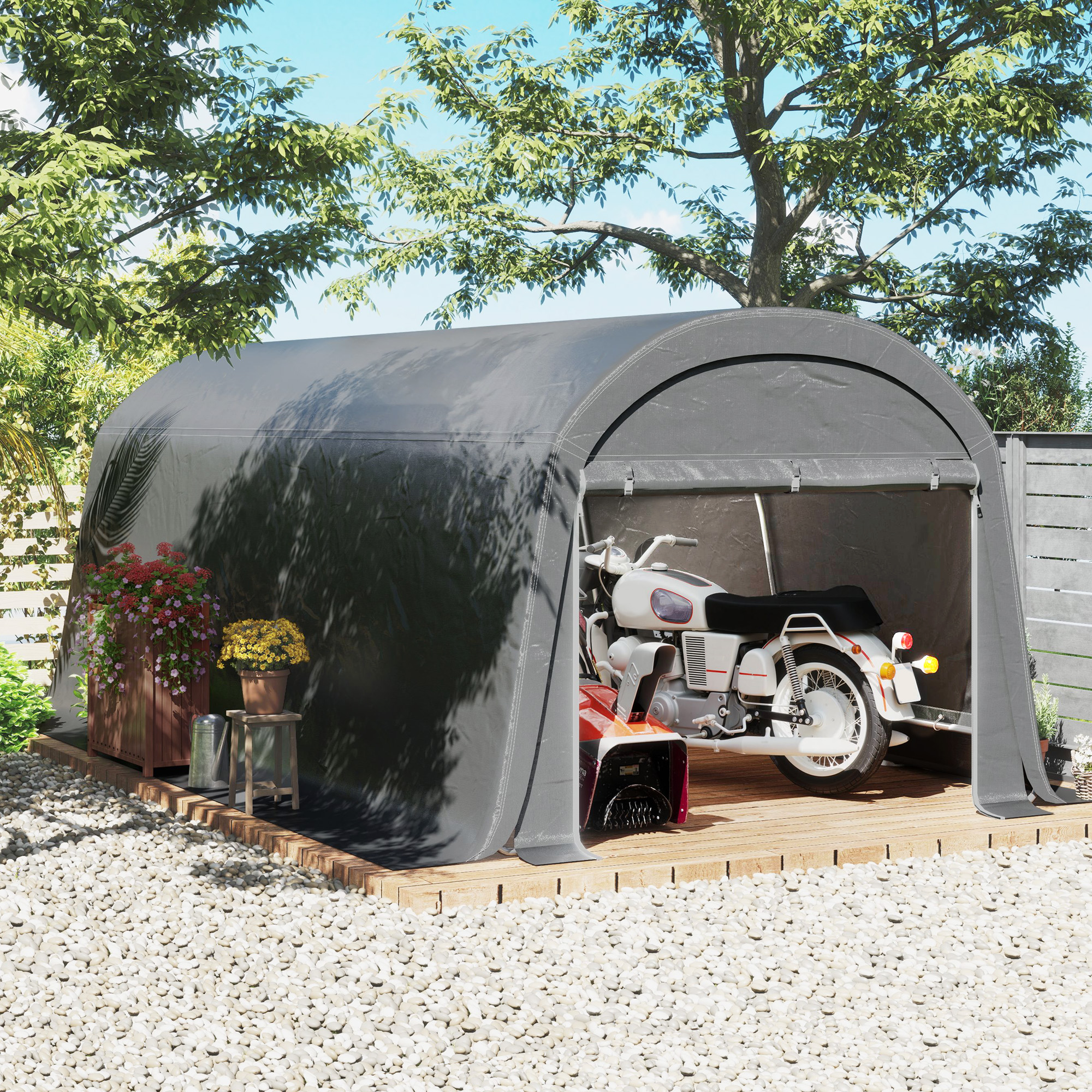 Outsunny Tuinschuur met Kunststof Zeil, Gereedschapstent, Opzetbare Garage, 300B x 600D x 230H cm, Donkergrijs