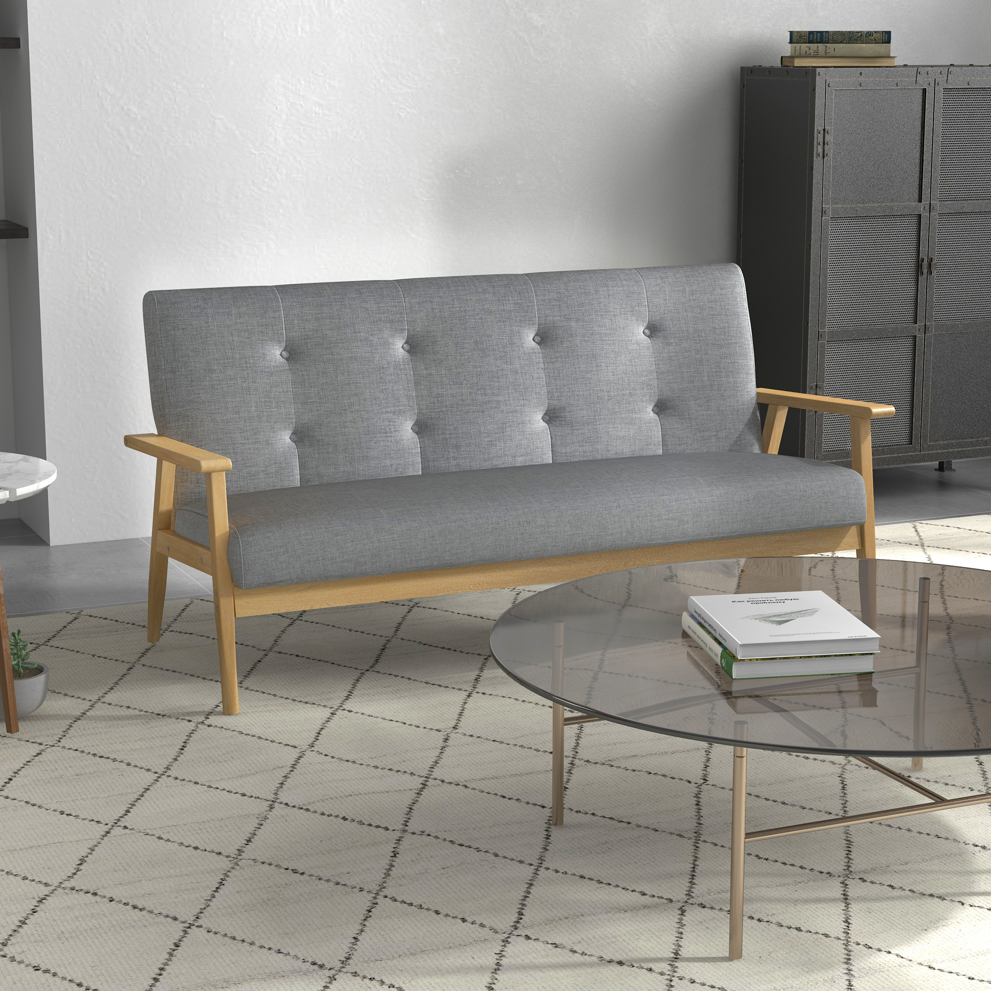 HOMCOM Driezitsbank van Kautschukhout, 154,5 x 69,5 x 73 cm, Grijs