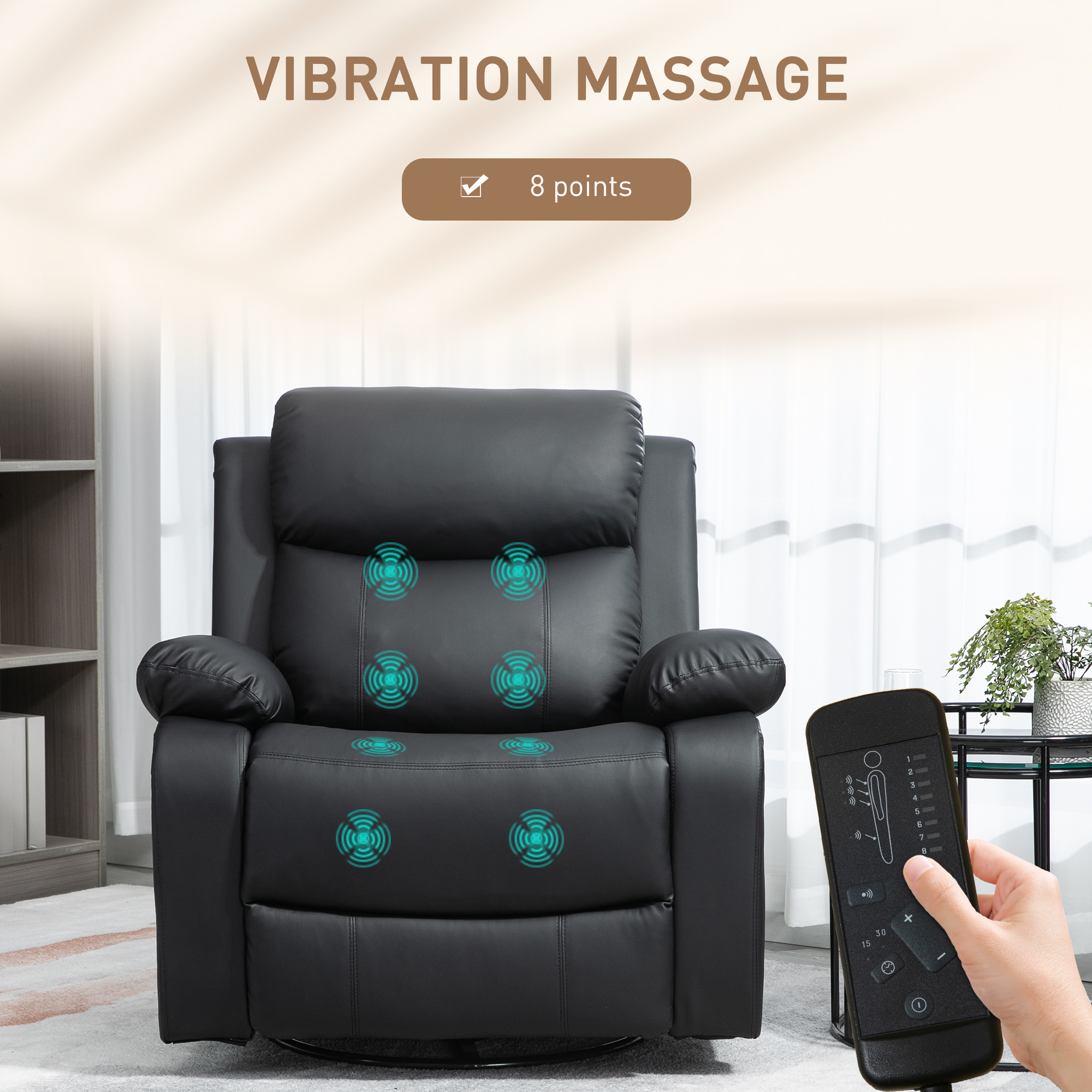 HOMCOM Massagestoel met 8 trillingskoppen, relaxfauteuil, verstelbare rugleuning en voetsteun, zwart