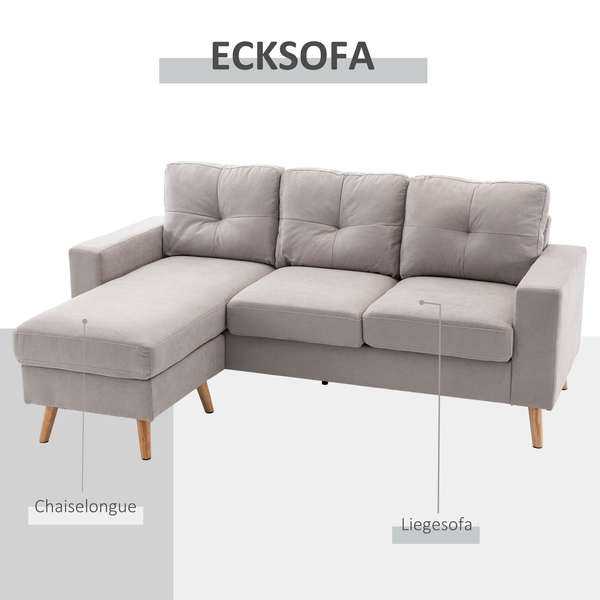 HOMCOM 3-zits hoekbank, linnenlook, omkeerbare chaise longue, 193x136x85 cm, lichtgrijs