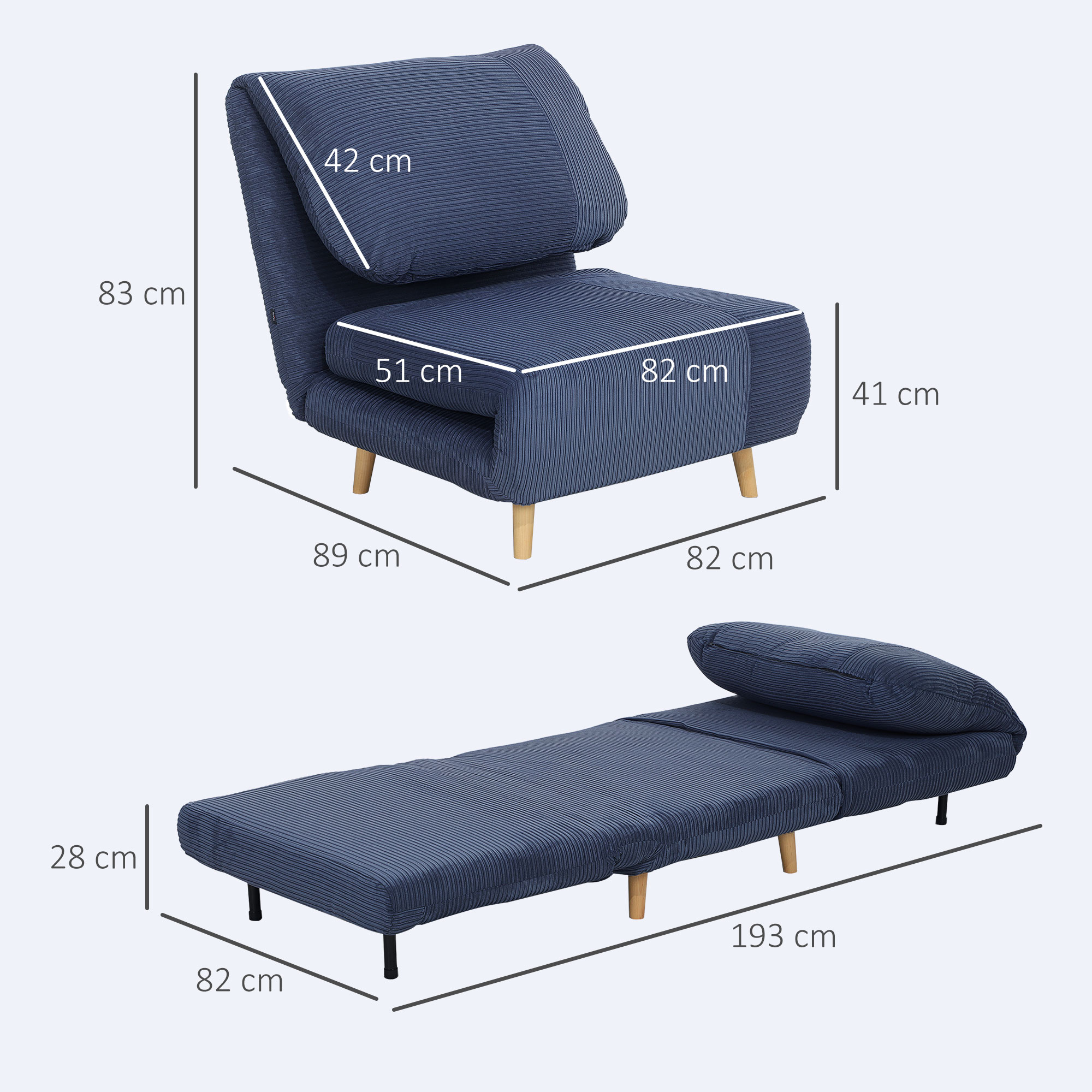 HOMCOM 2-in-1 Slaapstoel en Gastenbed met Verstelbare Hoofdsteun in Corduroy Look, 82 cm x 89 cm x 83 cm, Blauw