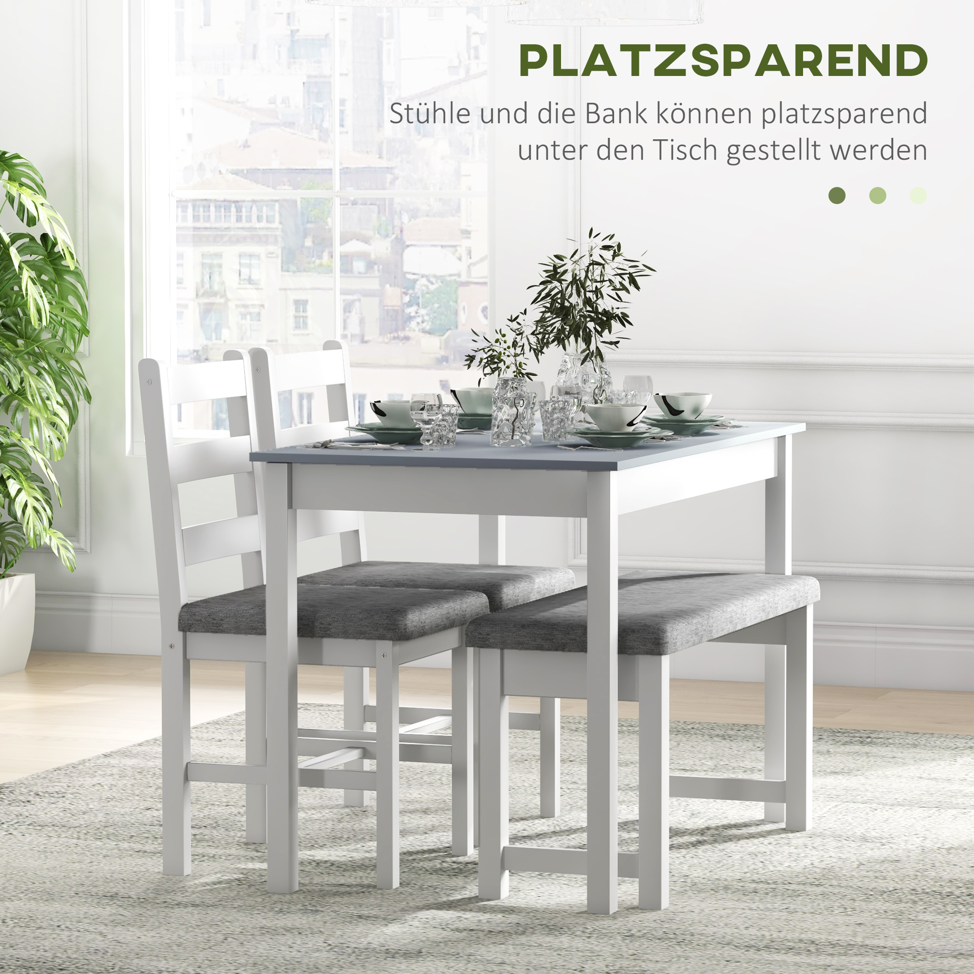 HOMCOM 4-delige eetset, 1 tafel, 1 bank, 2 stoelen, grijs+wit