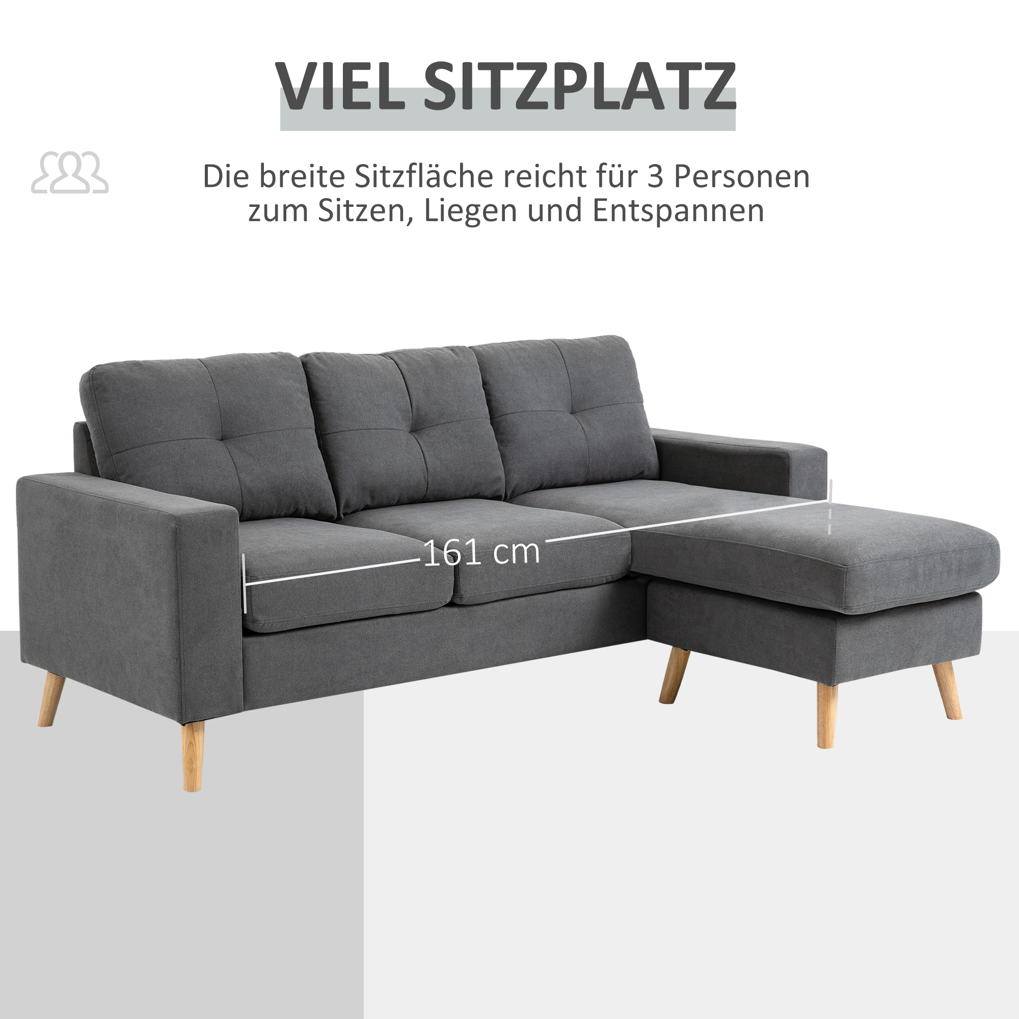 HOMCOM Hoekbank in Scandinavisch design, met knoopdetail, massief hout, linnenlook, Grijs