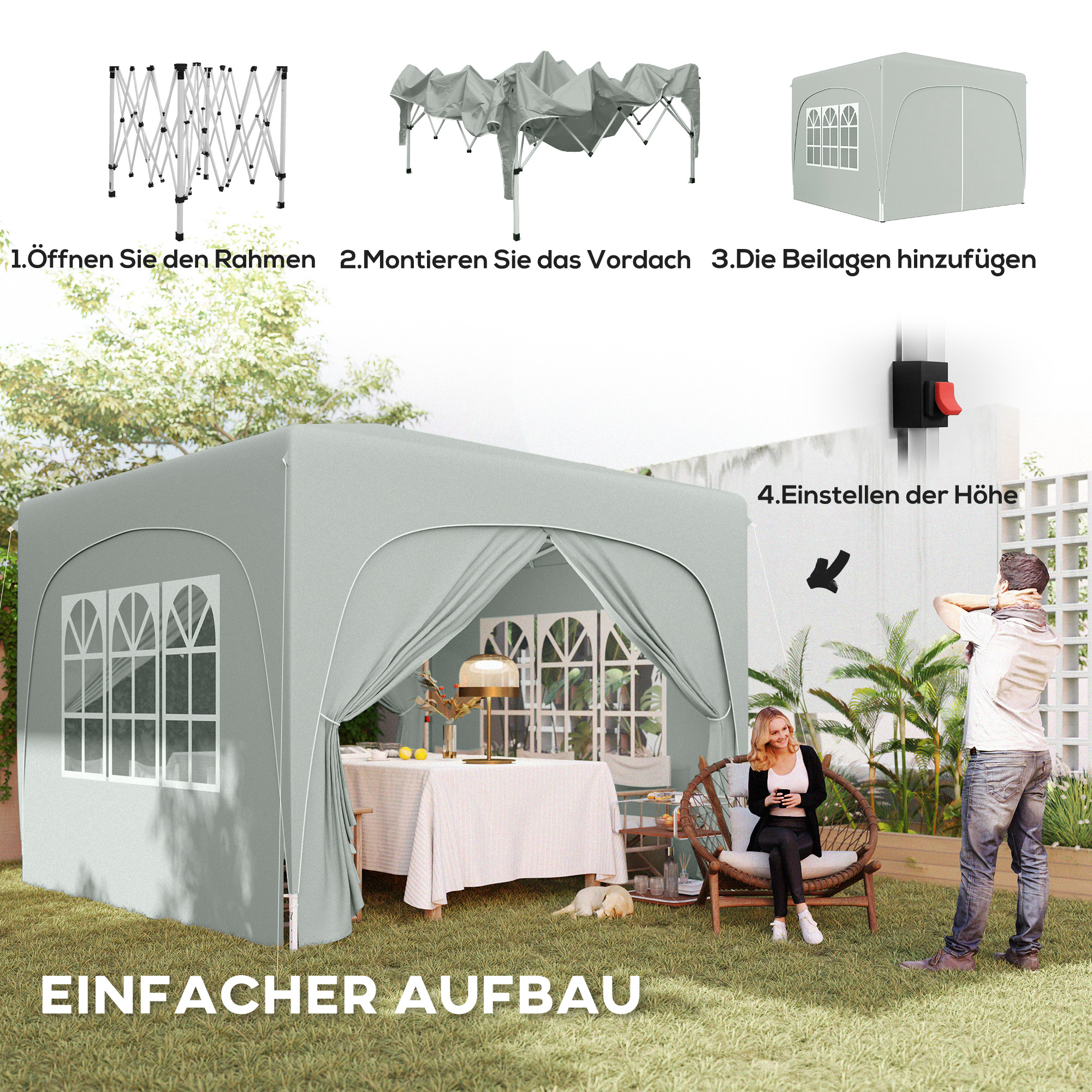 Outsunny 3 x 3 m Paviljoen, Pop-up Tuintent met Zijwanden en Draagtas, UPF50+, Hoogteverstelbaar, Zand