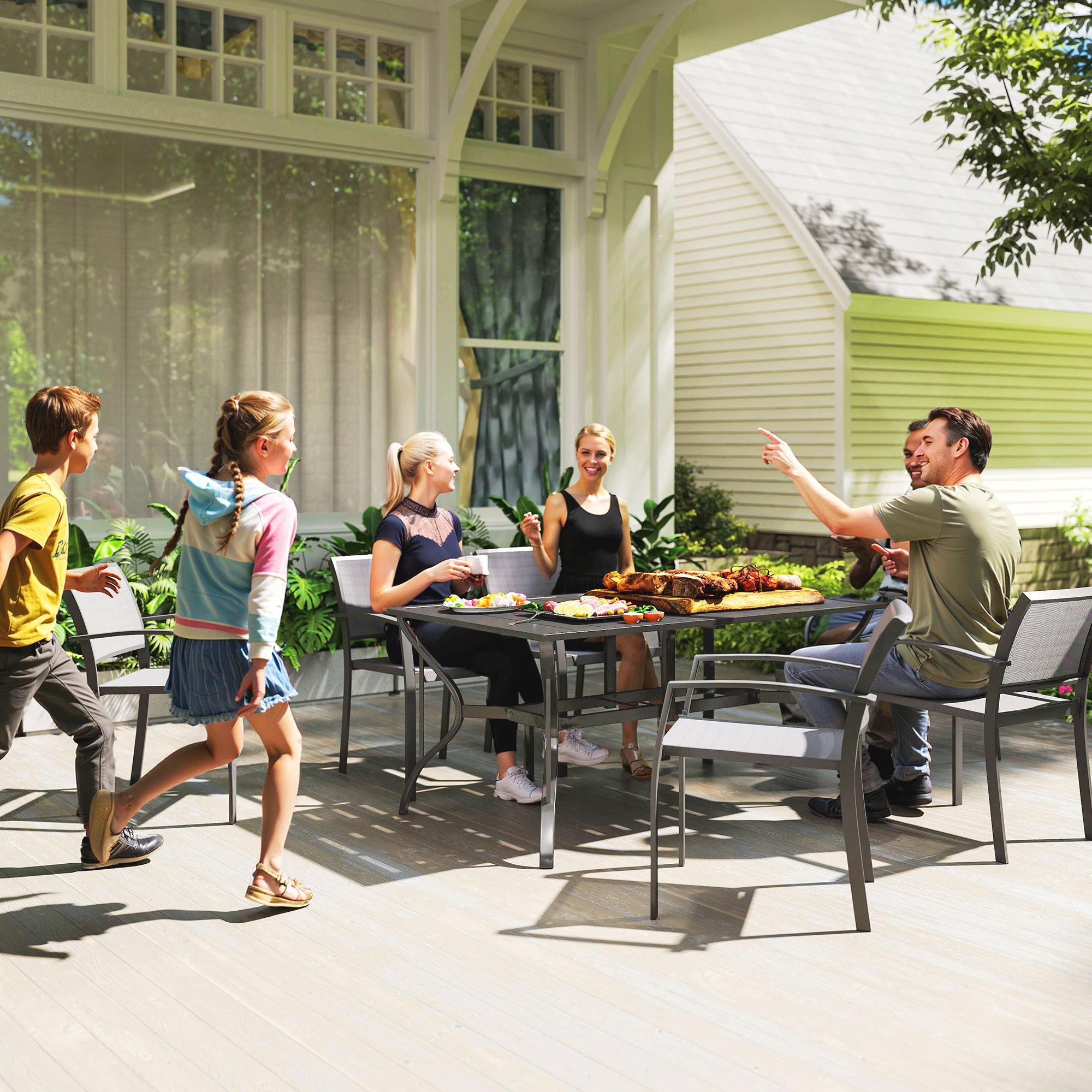 Outsunny Tuintafel Staal 150x90 cm Weerbestendige Balkontafel met Parasolgat, Lamellendesign voor 6 Personen Zwart