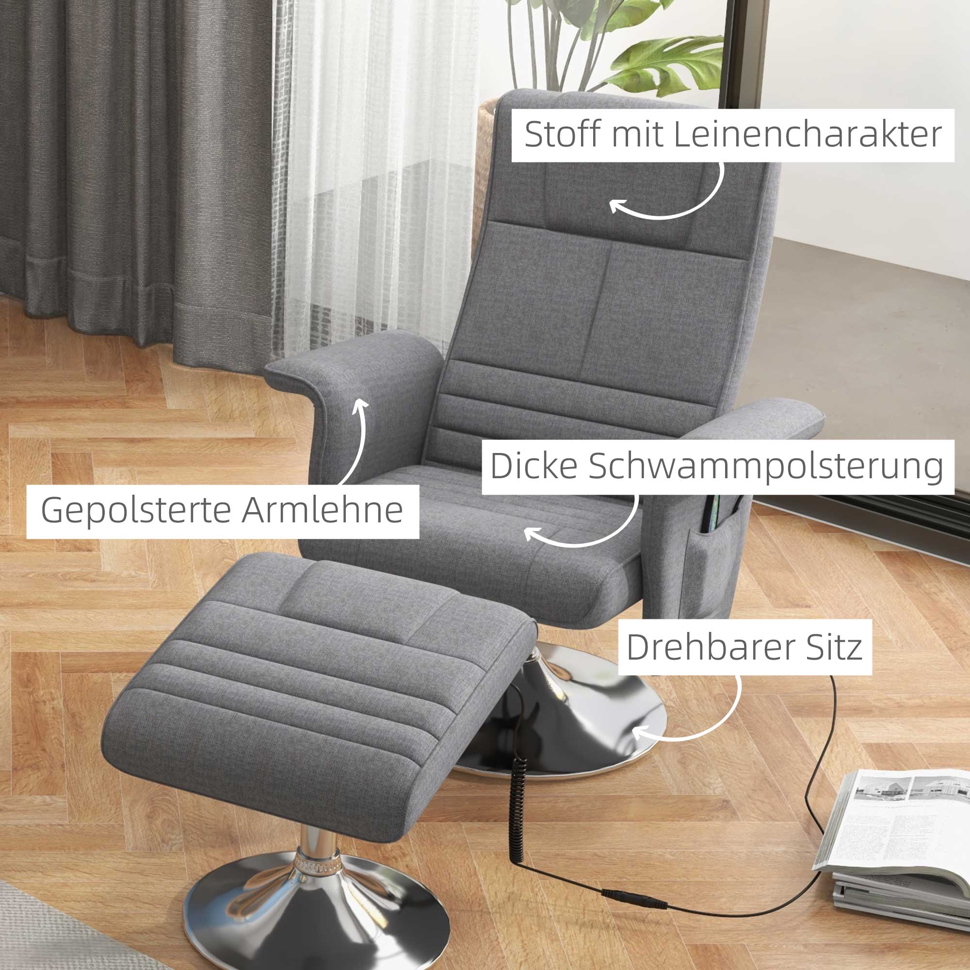 HOMCOM Massagestoel Relaxfauteuil, met Ottomaanse, 8 Vibratiekoppen, Kantelfunctie, 78cm x 90cm x 93cm, Donkergrijs