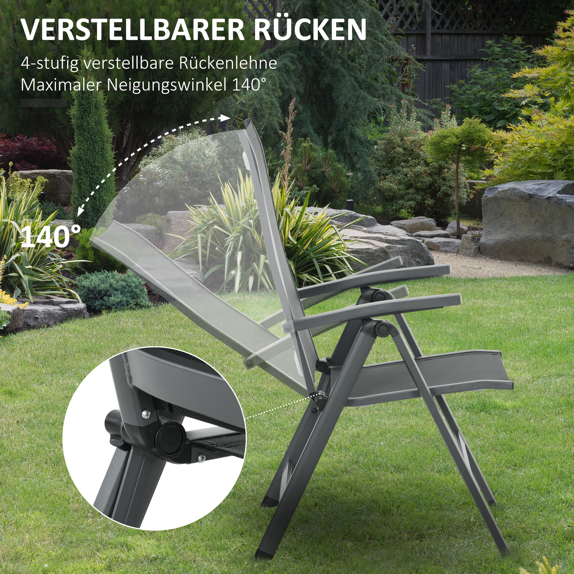 Outsunny Tuinset voor buiten, 4 inklapbare stoelen, tafel met glazen blad, verstelbare rugleuning, aluminium, donkergrijs
