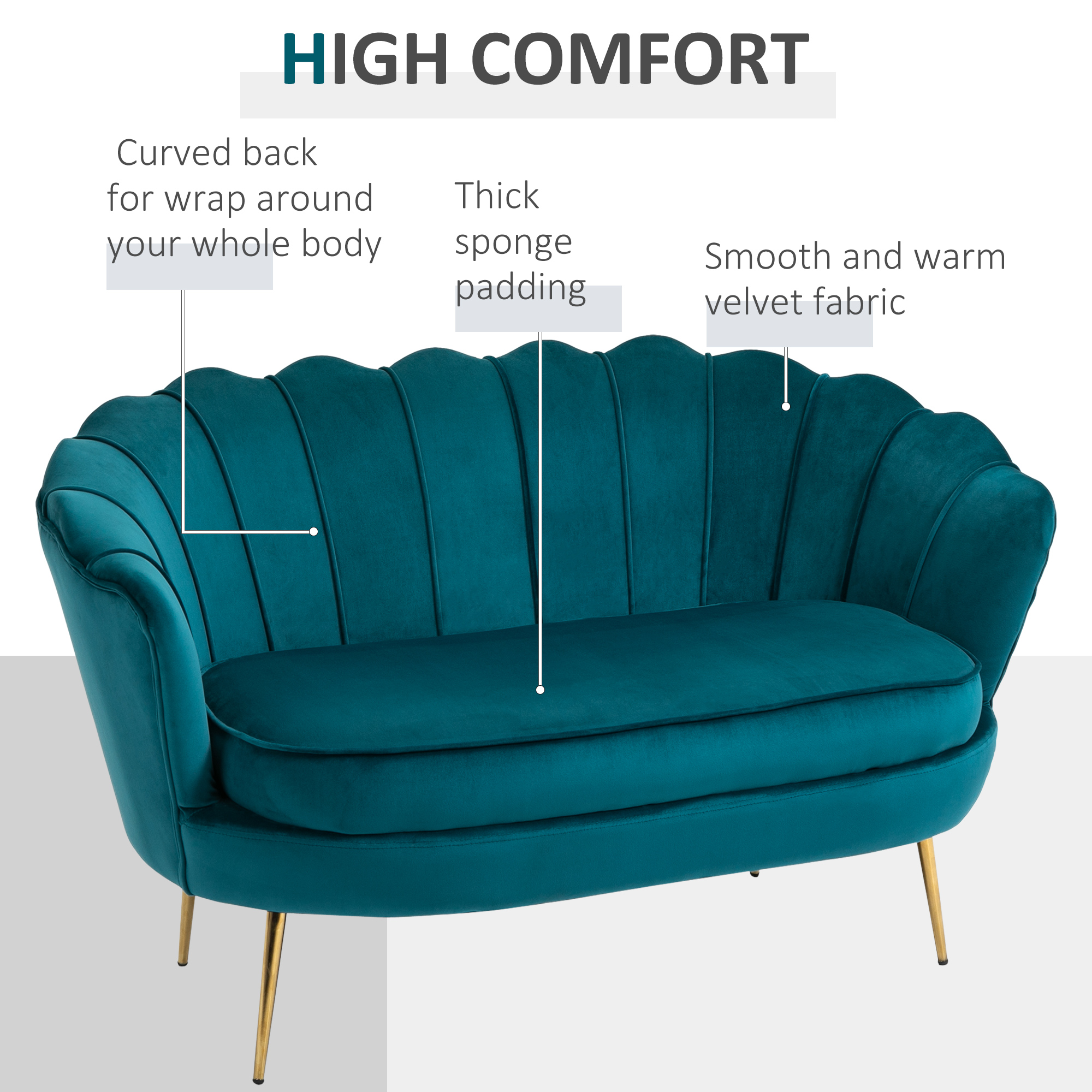 HOMCOM Tweezitsbank, Sofa, Gepolsterde Bank, Samtlook, Dubbelzitbank, tot 150 kg belastbaar, 130 x 77 x 77 cm, Donkergroen