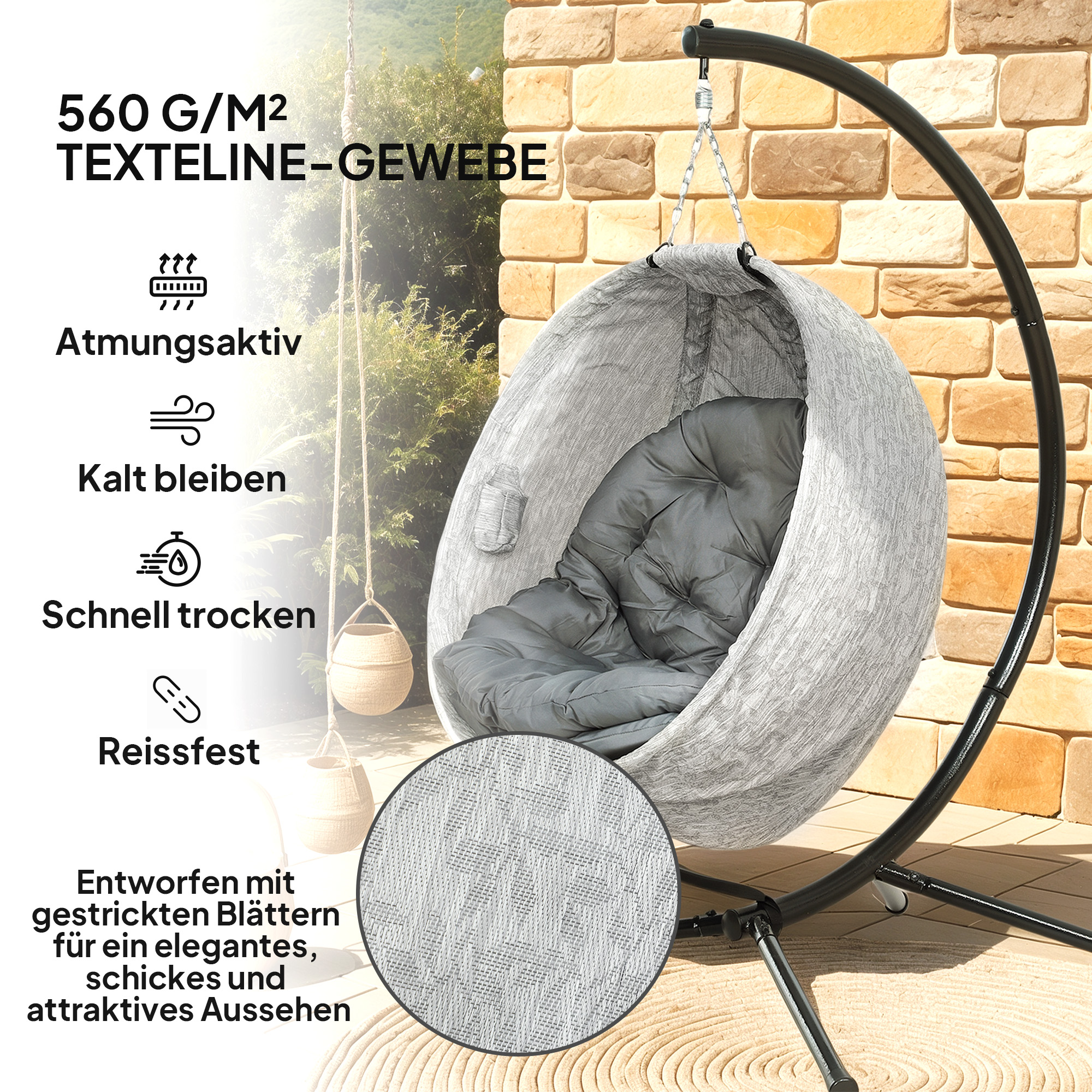Outsunny Ei-vormige Hangmand, Hangstoel met Schommelfunctie en Opvouwbare Mand, Tuinstoel, Bekerhouder, Grijs