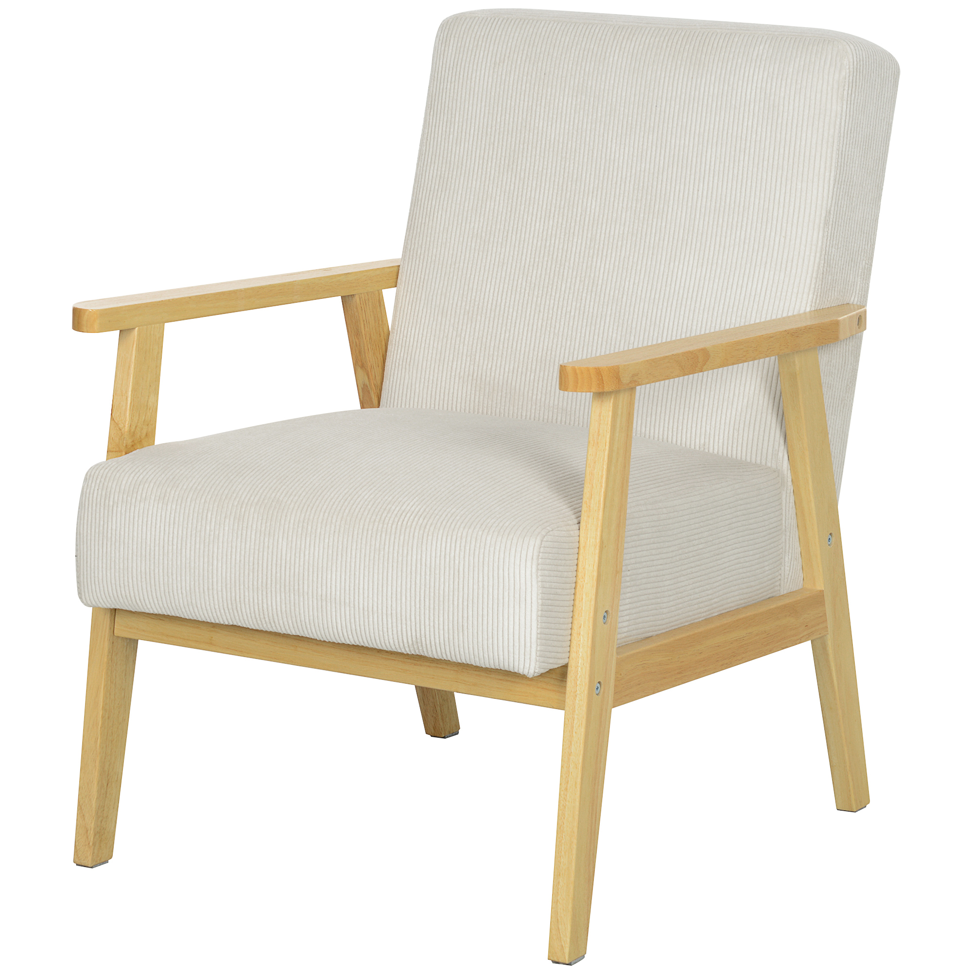 HOMCOM Moderne Fauteuil met Armleuningen, Stoffen Bekleding, van Rubberhout, Accentstoel, Draagvermogen 120 kg, Roomwit