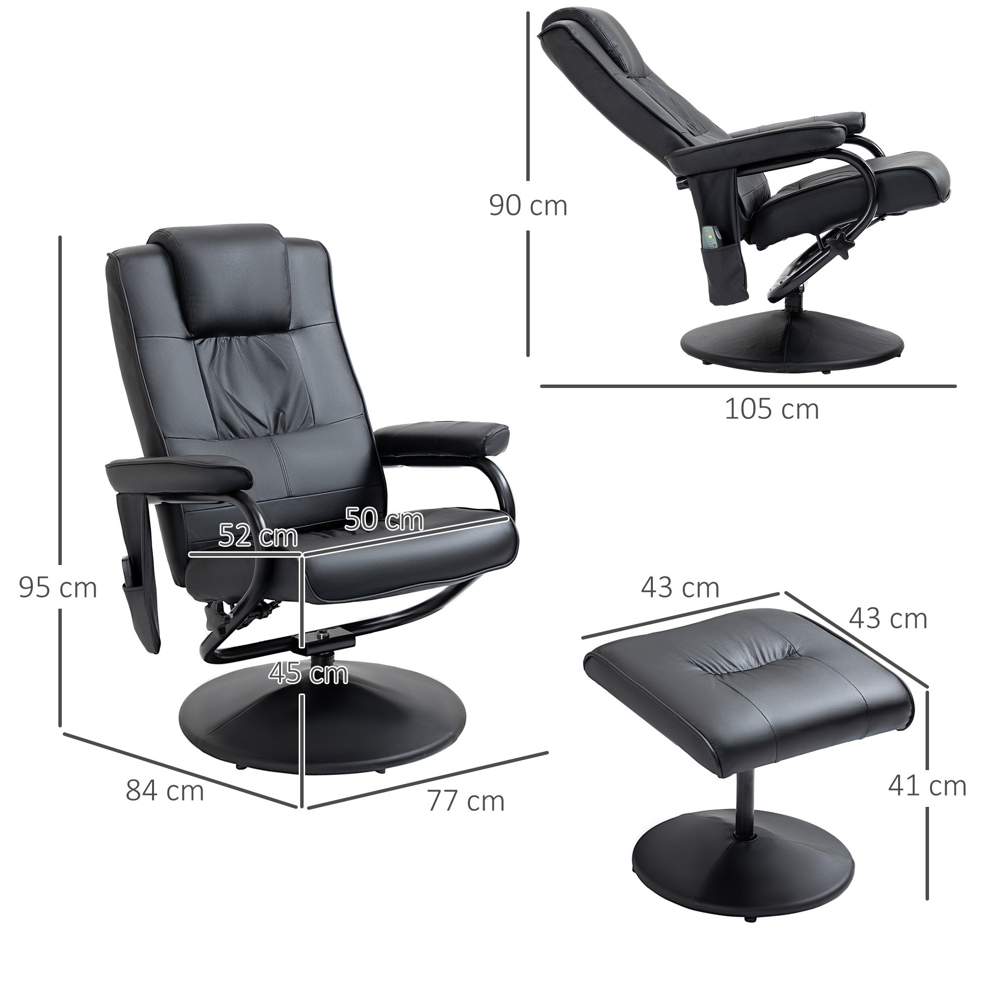 HOMCOM massagestoel relaxstoel tv-stoel stoel met massagefunctie incl. krukje kunstleer zwart 77 x 84 x 95 cm