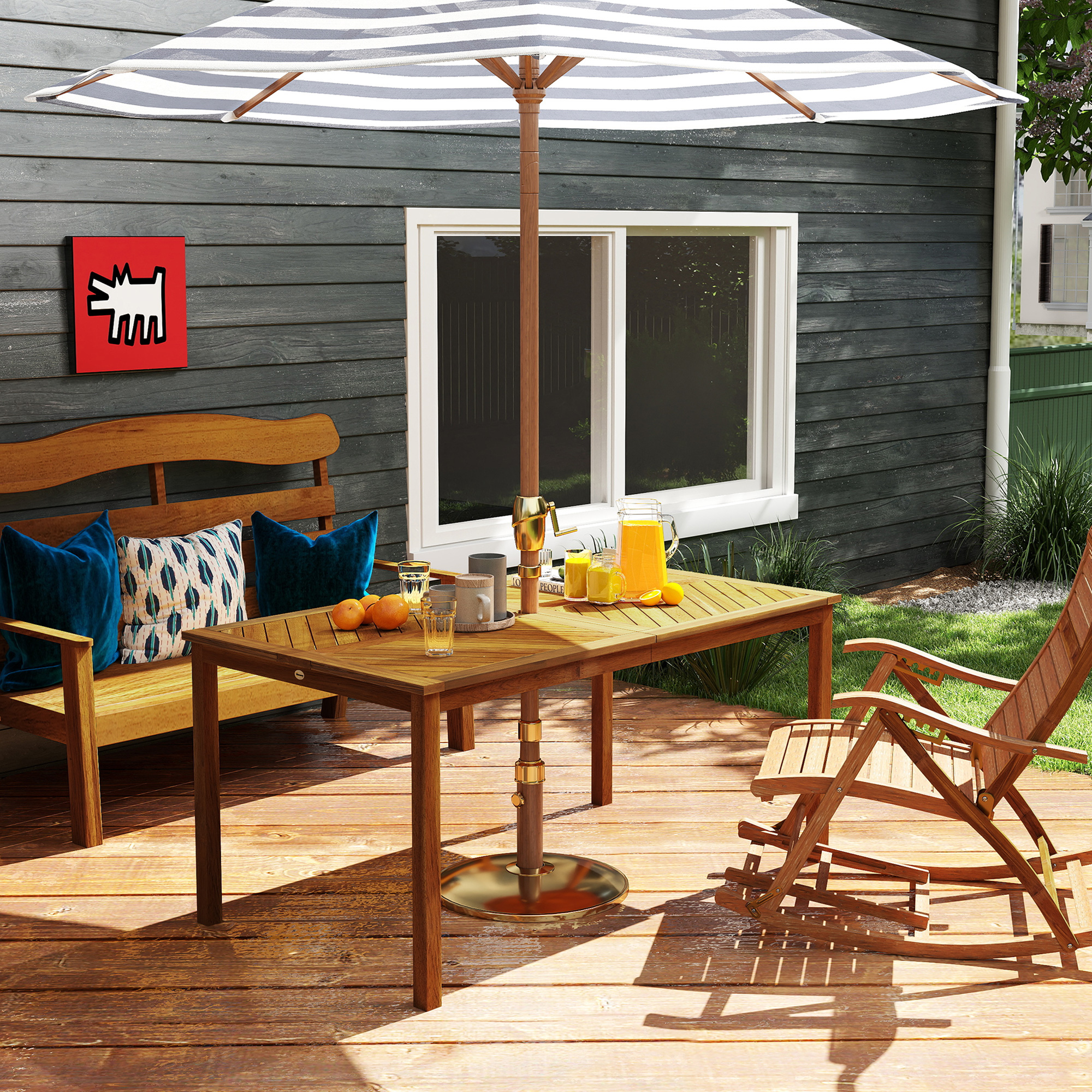 Outsunny Tuintafel inklapbaar 150x85cm, Weerbestendige Balkontafel van Hout, 6-Persoons met Parasolgat, Lamellenontwerp Teak