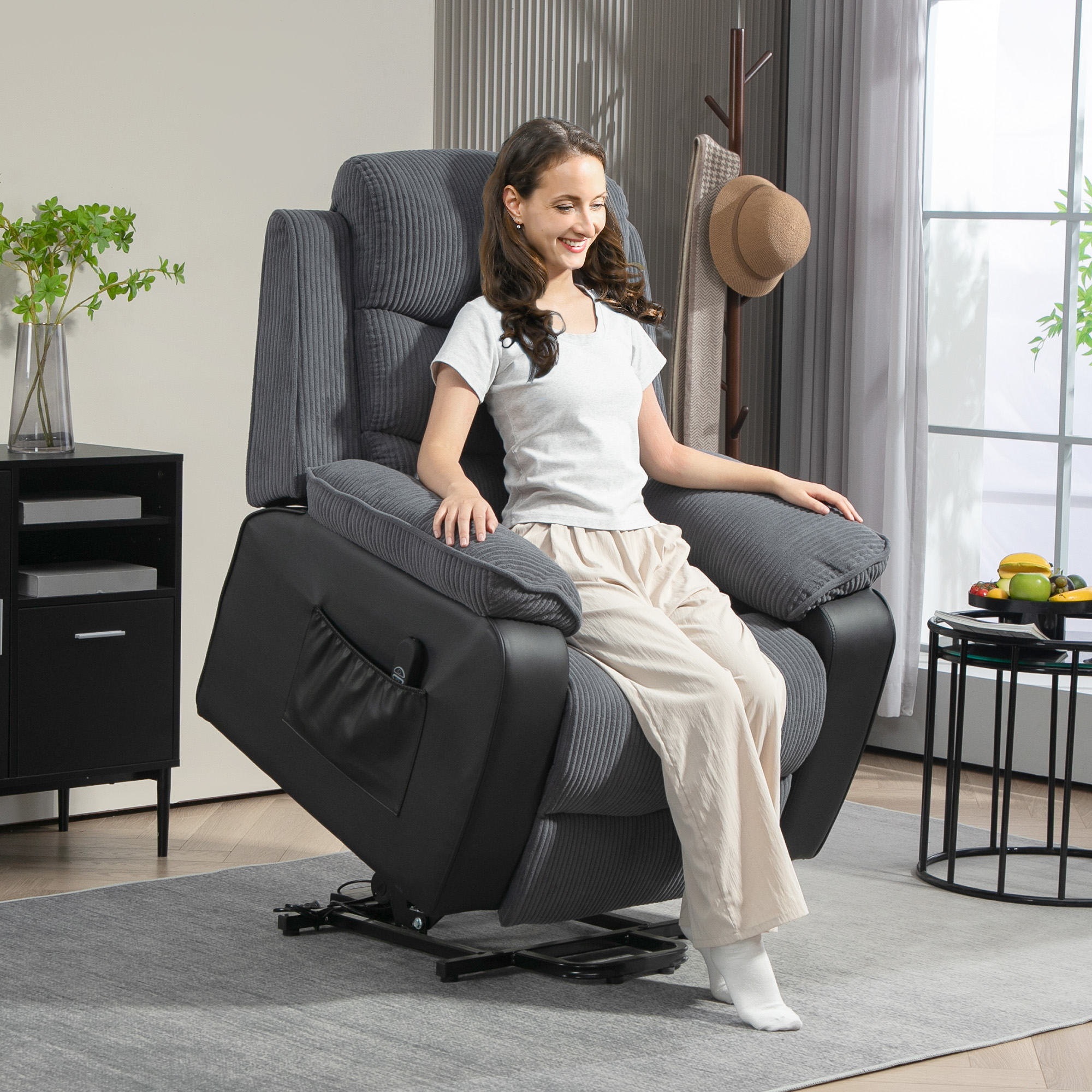 HOMCOM Opsta-fauteuil met Zacht Corduroy Bekleding, Recliner-Stoel met Afstandsbediening en Zijvakken, Donkergrijs