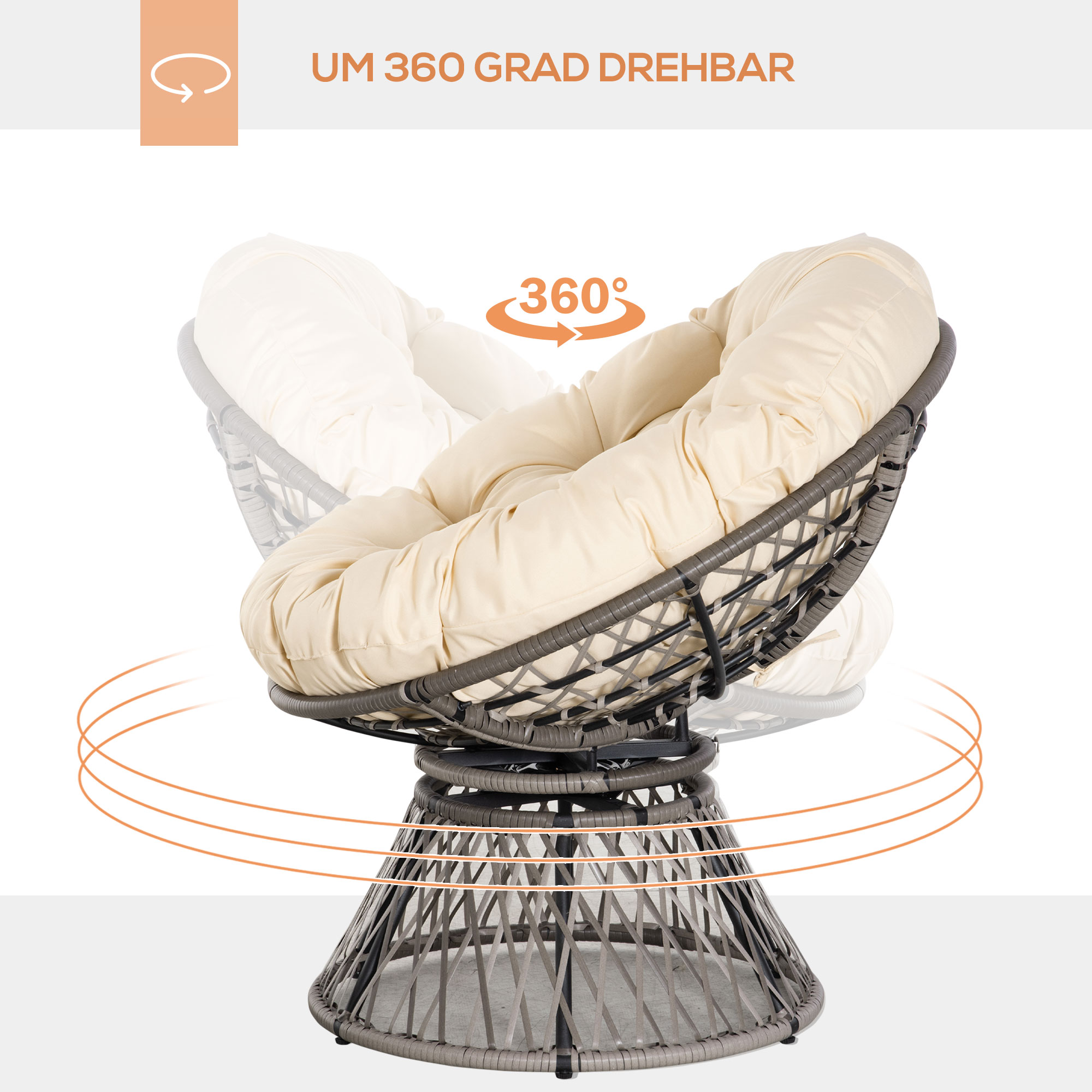 Outsunny Papasan Stoel Rotan Fauteuil met Kussen, Kunstrotan, Draaibaar, 87 x 97 x 86 cm, Beige