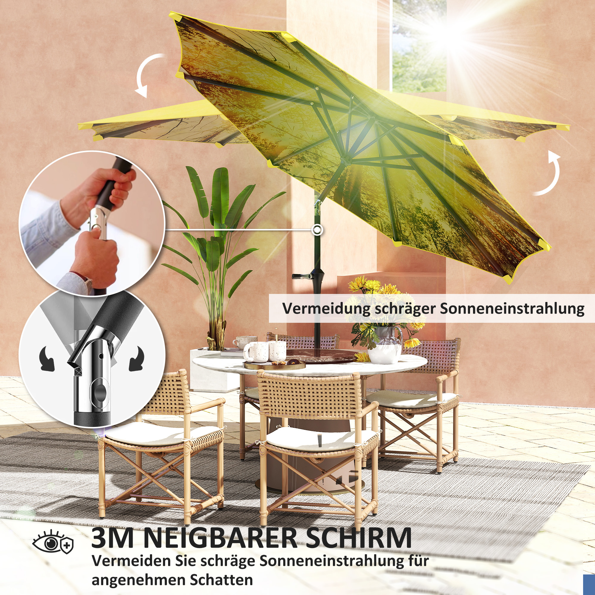 Outsunny Parasol Ø300 cm met Handmolen, Achthoekig, Geel