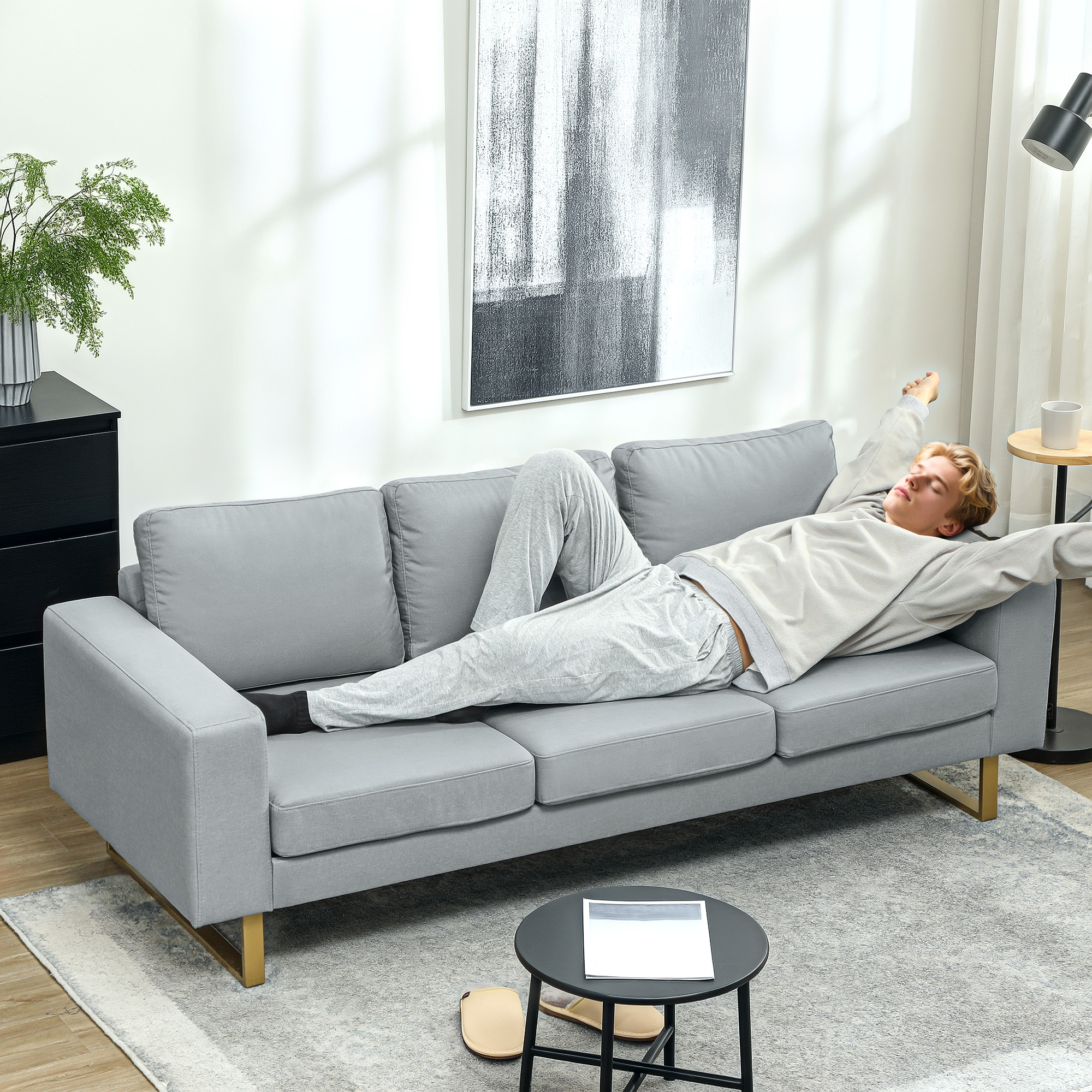 HOMCOM 3-Zitsbank, Bank met Houten Frame, Metalen Poten, Eenvoudig Ontwerp, Lichtgrijs